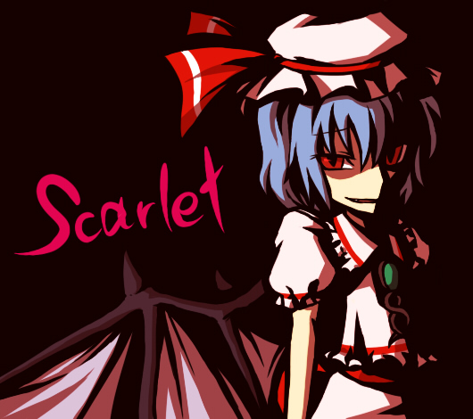 yomegane, remilia scarlet, touhou, 1girl, bat wings, blue hair, female focus, hat, red hair, short hair, skirt, solo, vampire, wings