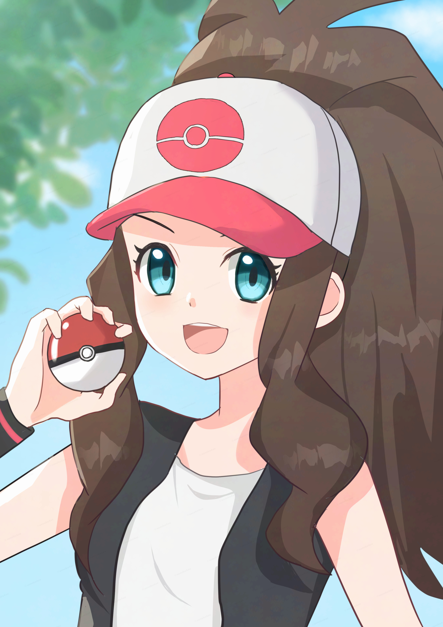 aoneko4ao (edwf7745), hilda (pokemon), nintendo, pokemon, pokemon bw, highres, 1girl, :d, black vest, brown hair, day, eyelashes, green eyes, hand up, happy, hat, holding, holding poke ball, long hair, open clothes, open mouth, open vest, outdoors, poke ball, poke ball (basic), shirt, sidelocks, sleeveless, sleeveless shirt, smile, solo, teeth, tongue, upper body, upper teeth only, vest, white hat, white shirt, wristband