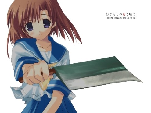 ikegami akane, ryuuguu rena, higurashi no naku koro ni, lowres, 00s, 1girl, billhook, blue eyes, brown eyes, female focus, hashitsuki nata, hatchet, nata (tool), school uniform, serafuku, solo