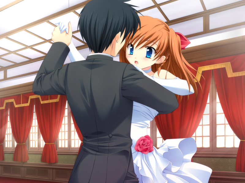 matsushita makako, rakko (makarakko), kamijou asahi, honeycoming royalsweet, game cg, 1boy, 1girl, black hair, blue eyes, bridal gauntlets, brown hair, dancing, dress, elbow gloves, flower, gloves, hair ribbon, open mouth, orange hair, ribbon, white dress, window