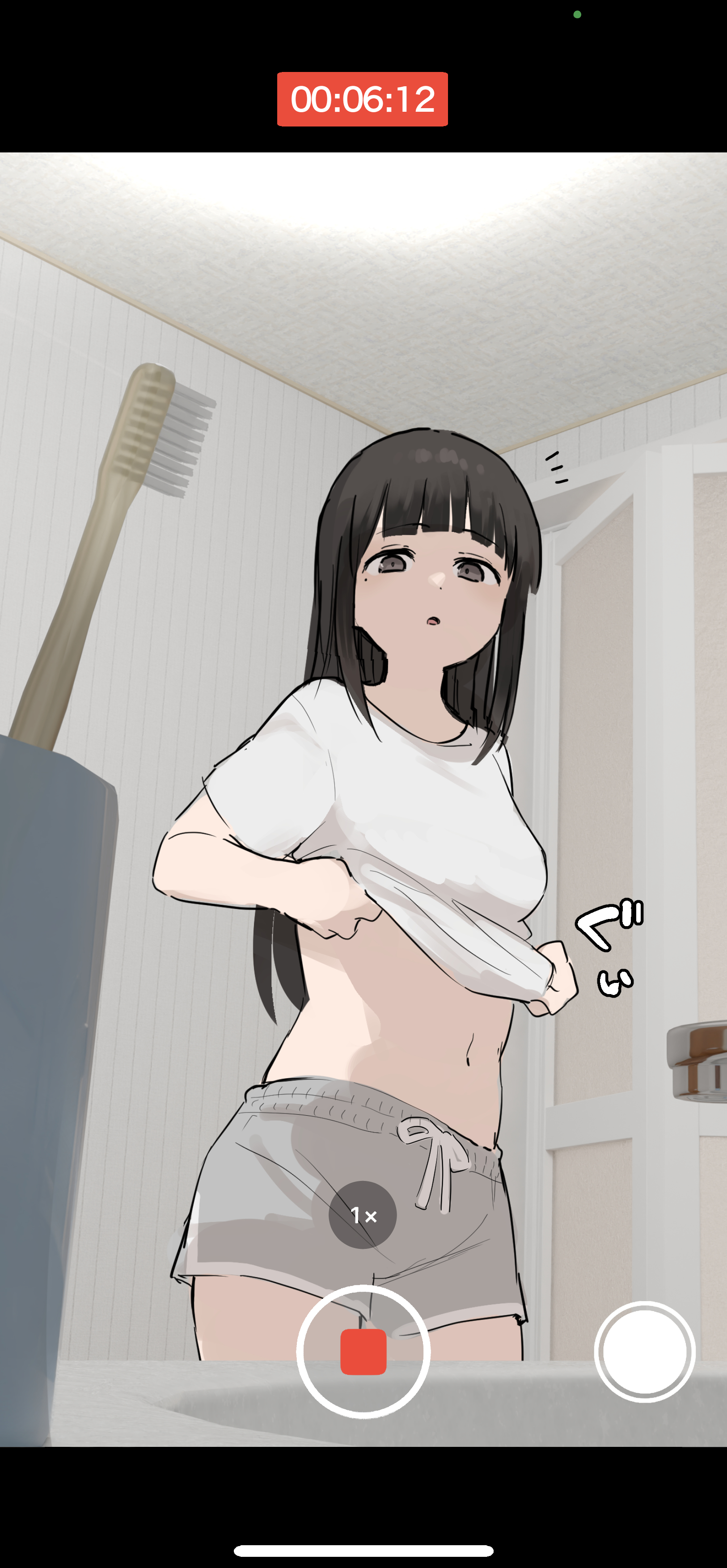 samidare (hoshi), original, absurdres, highres, paid reward available, variant set, 1girl, :o, bathroom, black hair, breasts, brown eyes, caught, clothes lift, dolphin shorts, drawstring, faucet, female focus, grey shorts, indoors, long hair, looking at viewer, midriff, navel, older sister, phone, recording, shirt, shirt lift, shorts, sidelocks, sink, small breasts, solo, standing, timestamp, toothbrush, undressing, voyeurism, white shirt