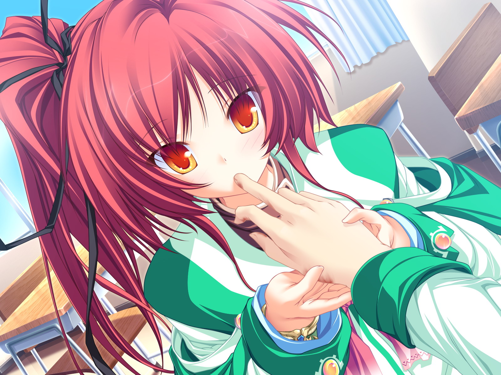 tenmaso, seera finis victoria, magus tale, game cg, highres, 1girl, classroom, female focus, finger sucking, finger to mouth, indoors, male hand, red eyes, red hair, school, solo, solo focus