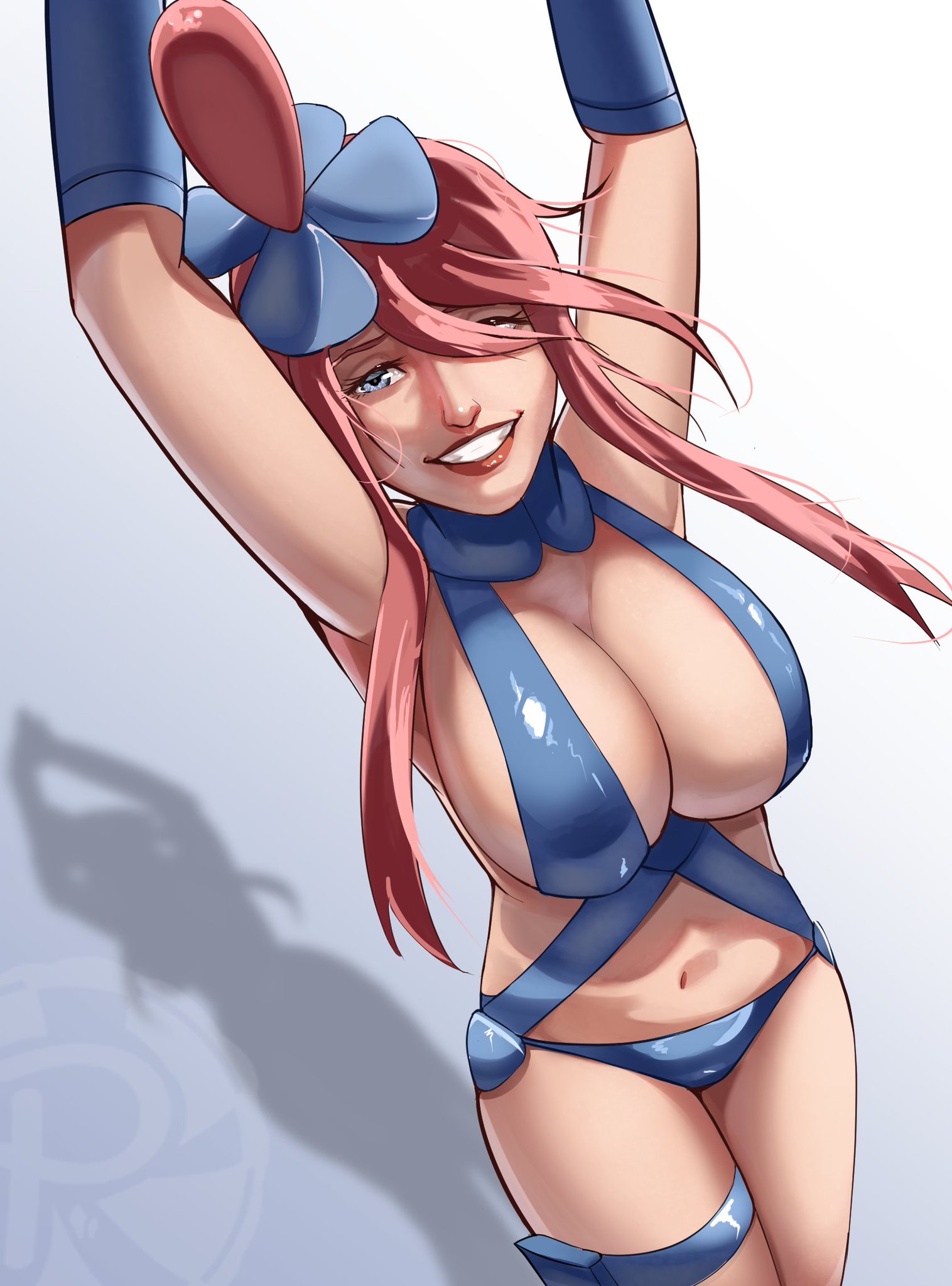 skyla (pokemon), nintendo, pokemon, pokemon bw, 1girl, arms up, blue eyes, breasts, gloves, large breasts, long hair, one eye covered, panties, pocketinos, red hair, teeth, thigh strap, underwear
