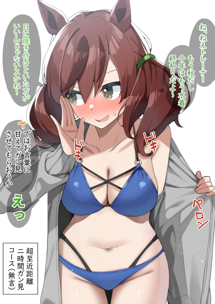 sasanon (sasapoliton), nice nature (umamusume), umamusume, commentary request, translation request, 1girl, animal ears, bikini, blue bikini, blush, breasts, brown hair, coat, grey coat, grey eyes, hair between eyes, horse ears, horse girl, large breasts, looking to the side, medium hair, navel, open clothes, open coat, open mouth, solo, speech bubble, swimsuit, twintails, twitter username