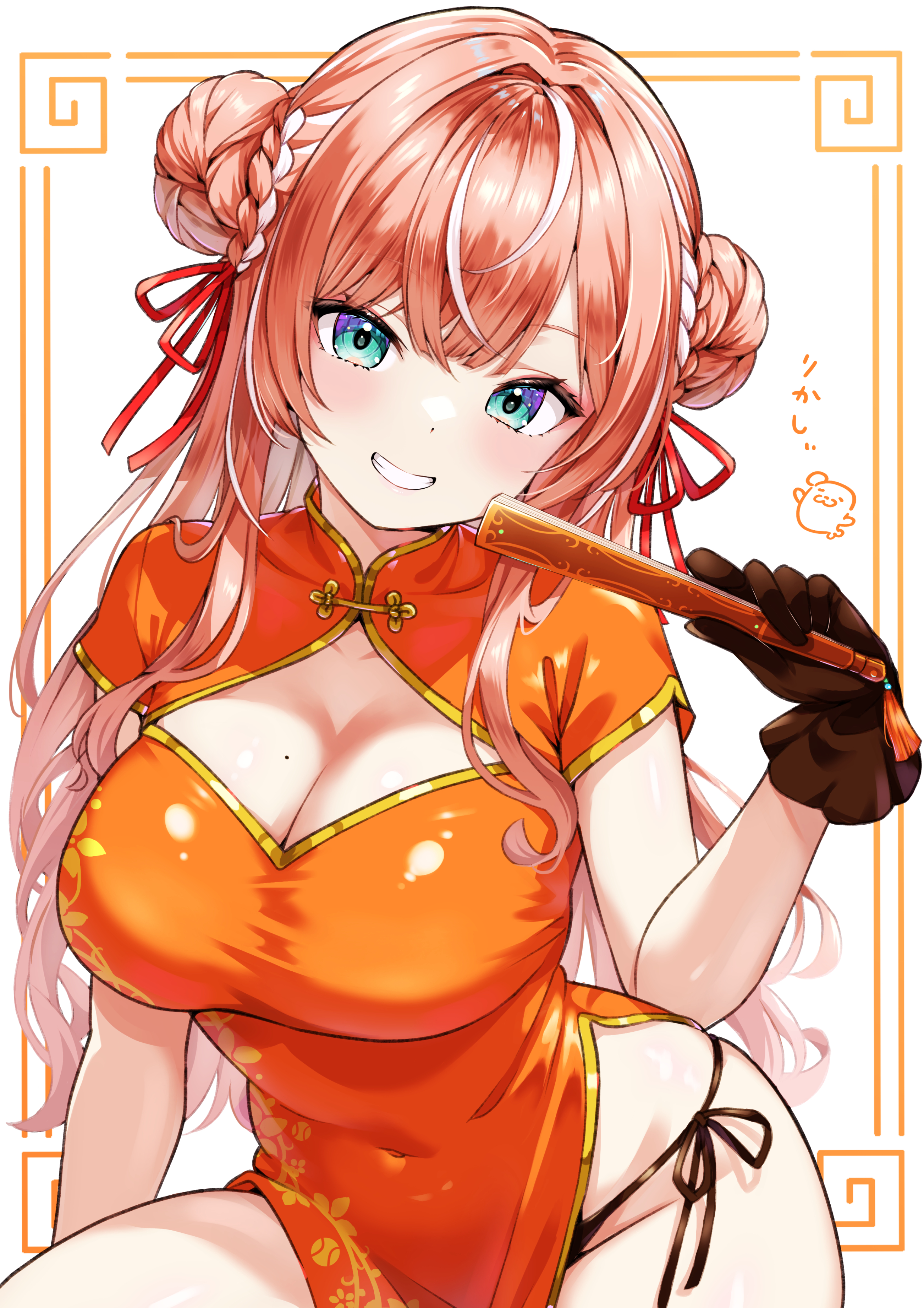 cagasyo, igarashi rika, nijisanji, absurdres, commentary request, highres, 1girl, blue eyes, braid, braided bun, breasts, brown gloves, china dress, chinese clothes, cleavage, cleavage cutout, clothing cutout, covered navel, double bun, dress, gloves, gold trim, grin, hair bun, hand fan, holding, holding fan, large breasts, long hair, looking at viewer, mole, mole on breast, multicolored hair, orange dress, orange hair, panties, pelvic curtain, short sleeves, side-tie panties, smile, solo, streaked hair, string panties, underwear, very long hair, virtual youtuber