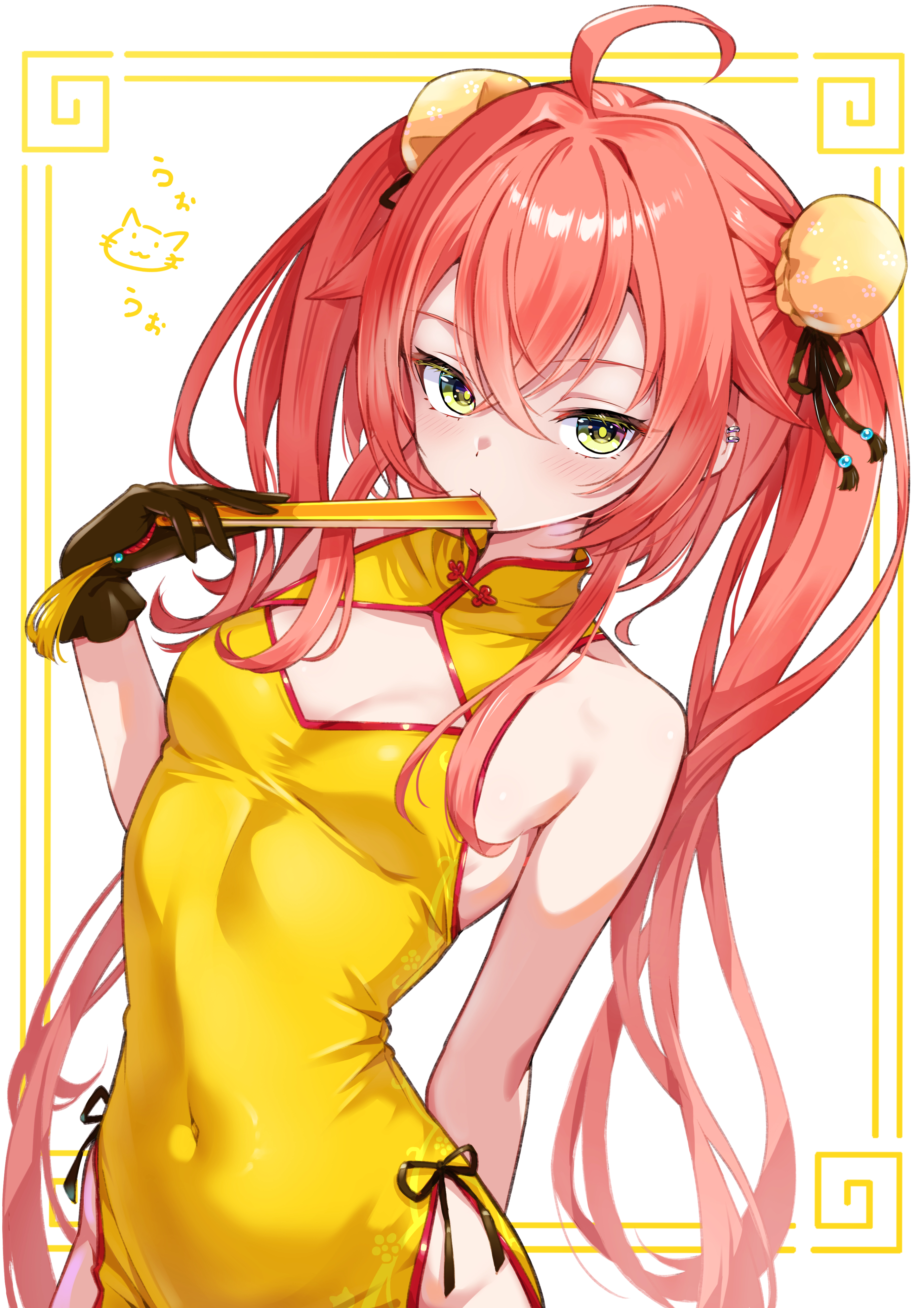 cagasyo, shishido akari, nijisanji, absurdres, commentary request, highres, 1girl, ahoge, arm behind back, bare arms, bare shoulders, breasts, brown gloves, bun cover, china dress, chinese clothes, cleavage cutout, clothing cutout, covered navel, cowboy shot, double bun, dress, fan to mouth, folding fan, gloves, hair bun, hair ribbon, hand fan, hand up, long hair, looking at viewer, no panties, pelvic curtain, pink hair, ribbon, side-tie dress, sleeveless, sleeveless dress, small breasts, solo, twintails, very long hair, virtual youtuber, yellow dress, yellow eyes