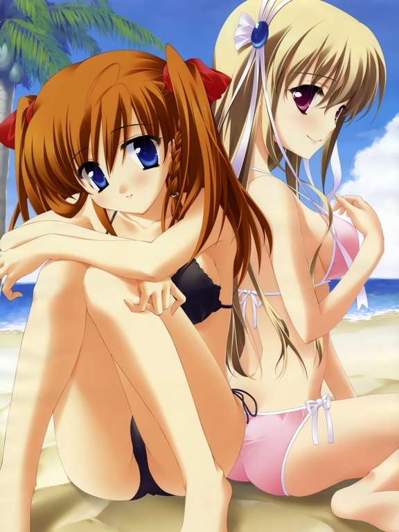 matsushita makako, rakko (makarakko), clarissa satsuki maezono, kamijou asahi, honeycoming royalsweet, non-web source, 2girls, back-to-back, barefoot, beach, bikini, blonde hair, blue eyes, braid, brown hair, cloud, day, feet, hair ribbon, multiple girls, orange hair, outdoors, palm tree, pink eyes, purple eyes, red eyes, ribbon, sand, side-tie bikini bottom, side braid, sitting, sky, smile, swimsuit, tree, twintails, water