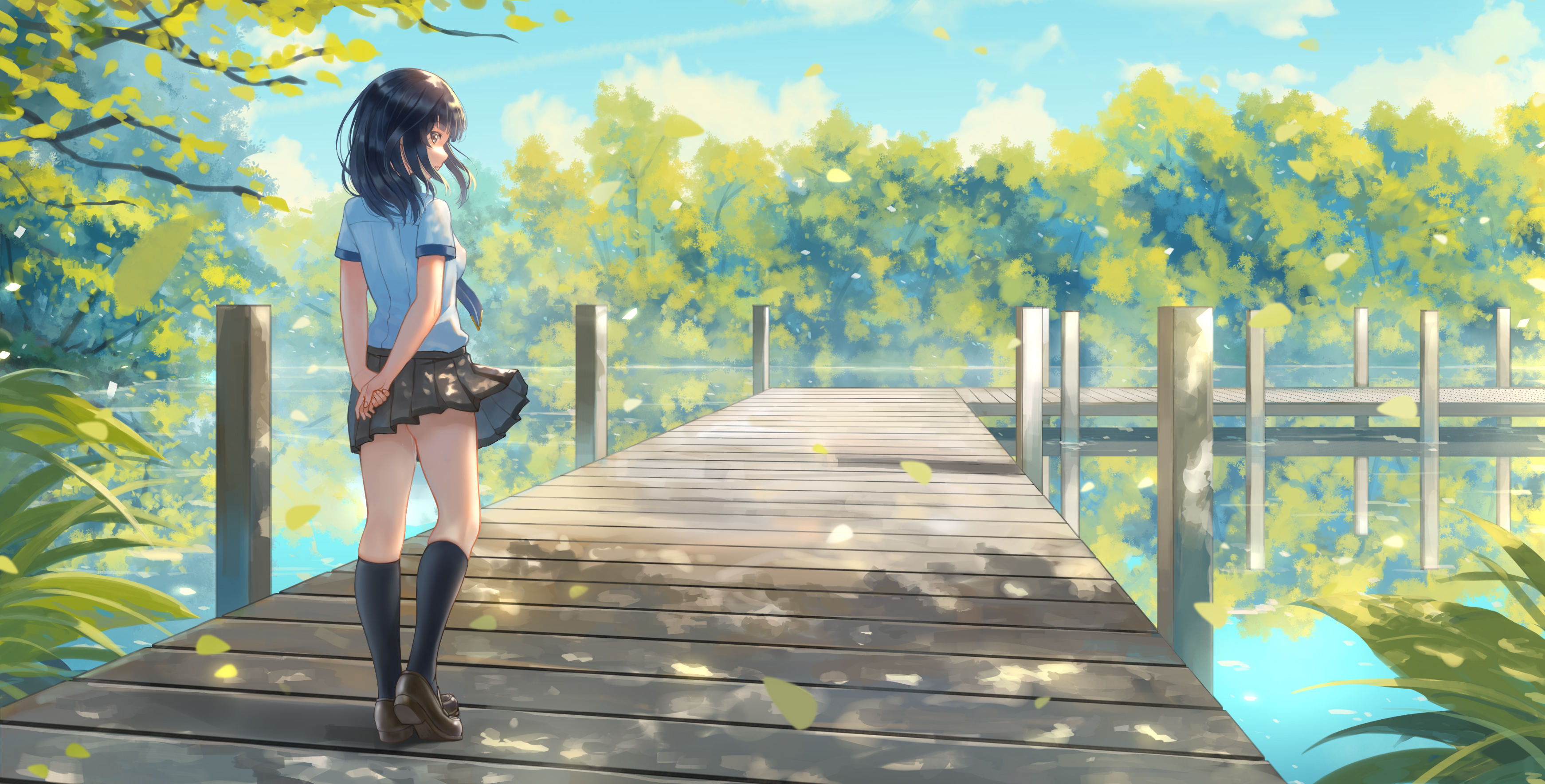 kanogawa hiro, agatsuma kaede, alice gear aegis, absurdres, commentary request, highres, 1girl, arms behind back, black hair, black skirt, black socks, blue sky, brown shoes, cloud, day, kneehighs, lake, loafers, medium hair, outdoors, scenery, school uniform, shadow, shoes, short sleeves, skirt, sky, socks, solo, standing, water, wide shot, wind, wind lift