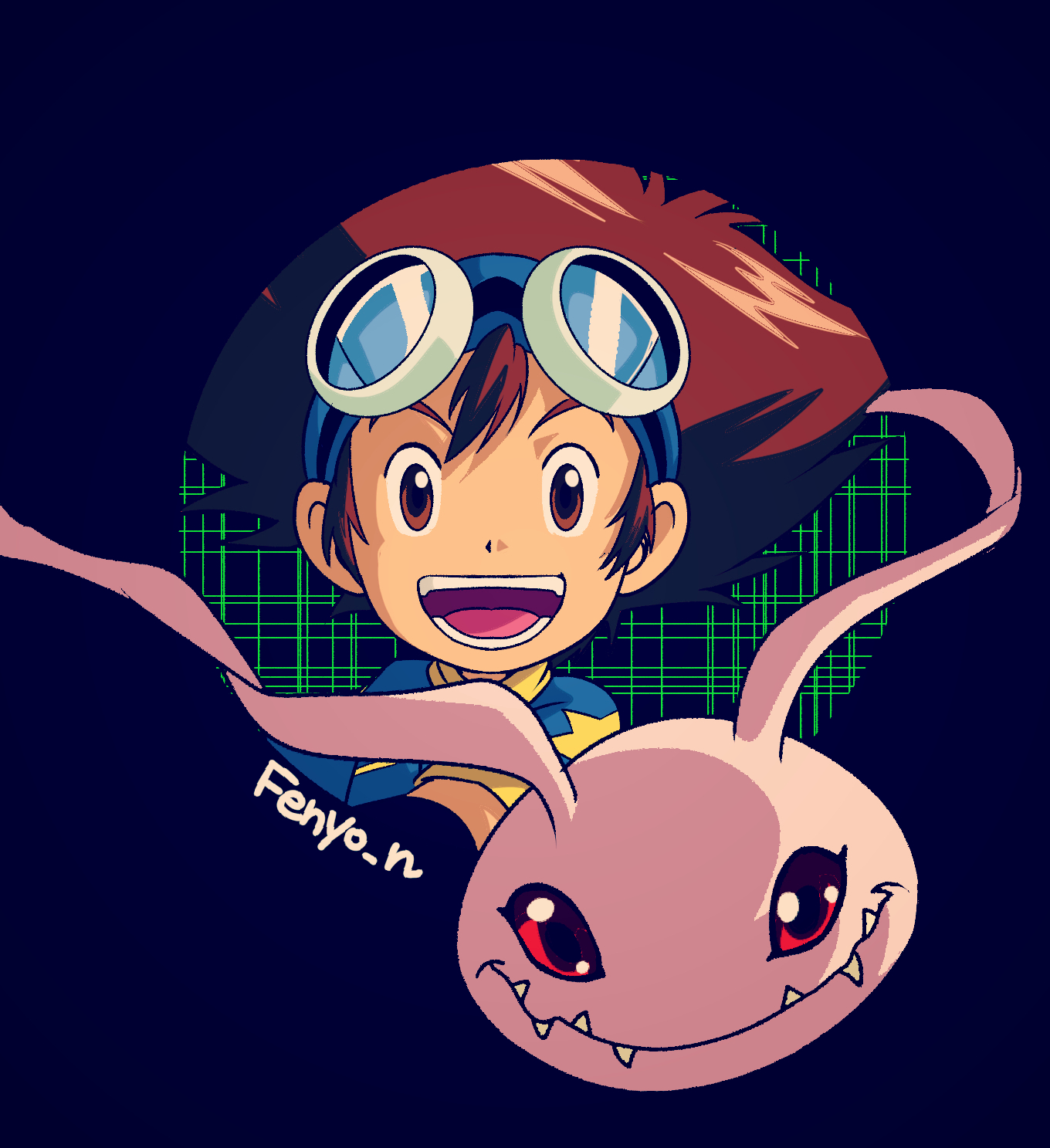 fenyon, digimon, character request, highres, 1boy, :d, artist name, black background, blue shirt, brown eyes, brown hair, colored skin, creature request, digimon (creature), goggles, goggles on head, looking at viewer, open mouth, pink skin, portrait, sharp teeth, shirt, smile, spiked hair, teeth