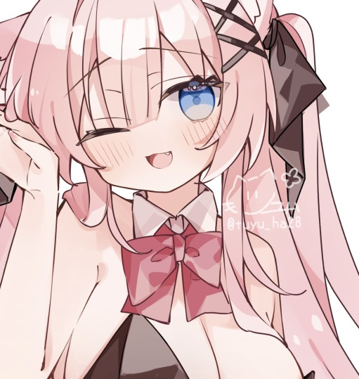 ringouulu, original, commentary request, 1girl, :3, ;d, animal ear fluff, animal ears, bare arms, bare shoulders, black ribbon, blue eyes, blush, bow, bowtie, breasts, cat ears, cat girl, cleavage, detached collar, fang, hair ornament, hair ribbon, hand up, large breasts, long hair, looking at viewer, nail polish, one eye closed, open mouth, pink hair, pink nails, portrait, red bow, red bowtie, ribbon, simple background, smile, solo, twintails, twitter username, white background, x hair ornament