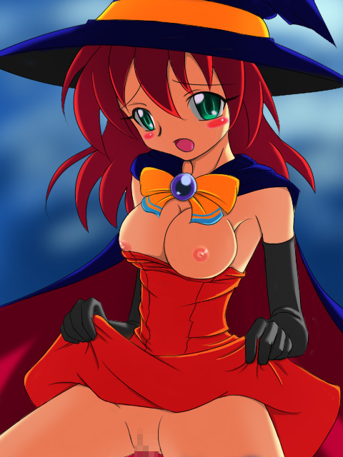 takappe, alice wishheart, magical halloween, 1girl, blush, breasts, censored, clothes lift, female focus, hat, pussy, skirt, skirt lift, solo, spread legs, witch