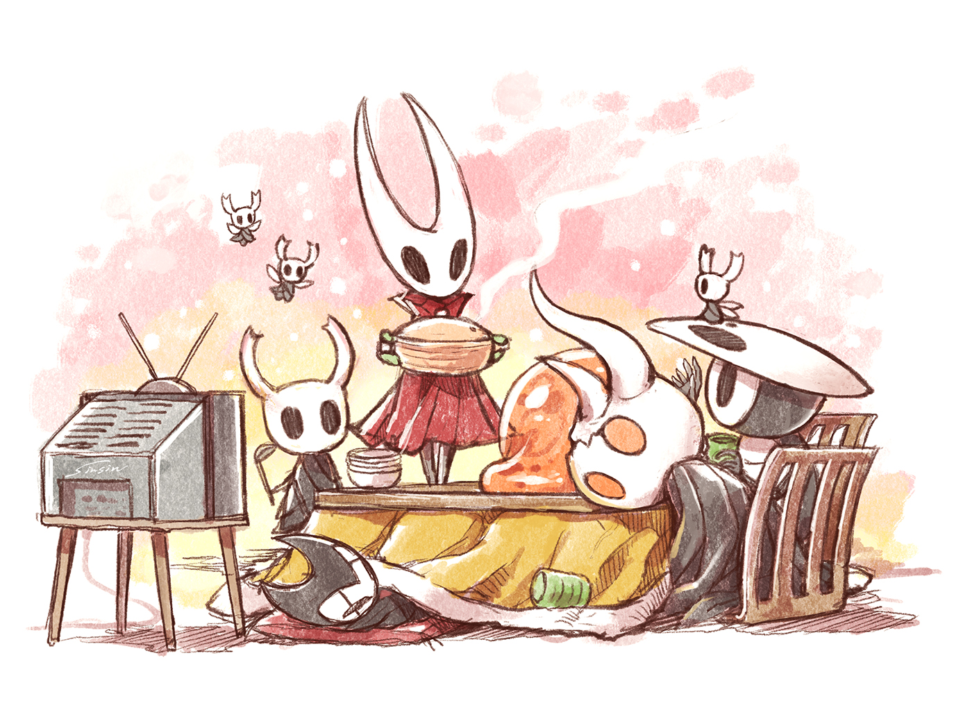 mamoru mikokoro, broken vessel (hollow knight), grimmchild, hornet (hollow knight), knight (hollow knight), quirrel, hollow knight, commentary request, 1boy, 1girl, 2others, arthropod boy, arthropod girl, cloak, cooking pot, holding, holding cooking pot, hollow eyes, horns, multiple others, red cloak, sitting, standing, television, white mask