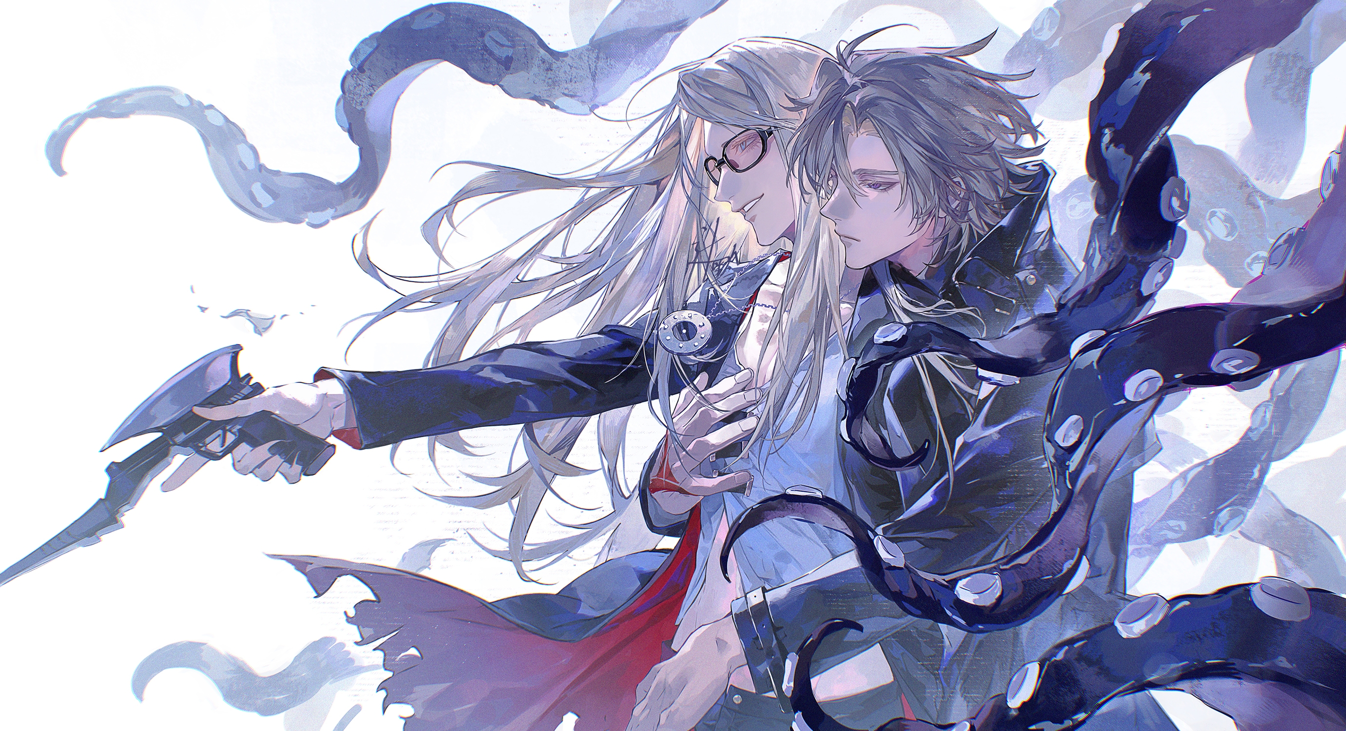 sqloveraven, daybit sem void, tezcatlipoca (fate), fate/grand order, fate (series), highres, 2boys, black jacket, blonde hair, command spell, gun, holding, holding gun, holding weapon, hug, hug from behind, jacket, jewelry, long hair, male focus, medallion, multiple boys, necklace, open clothes, open jacket, open mouth, purple eyes, shirt, short hair, smile, sunglasses, tentacles, tinted eyewear, upper body, weapon, white background, white shirt, yaoi
