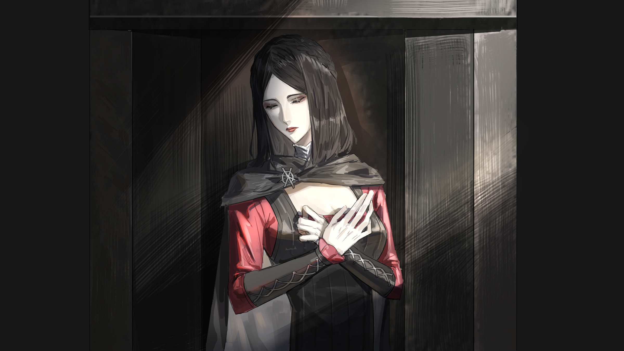 ekku (gdwu3454), serana, the elder scrolls, the elder scrolls v: skyrim, highres, 1girl, black dress, black hair, closed eyes, dress, red shirt, shirt, sleeveless, sleeveless dress, solo, upper body