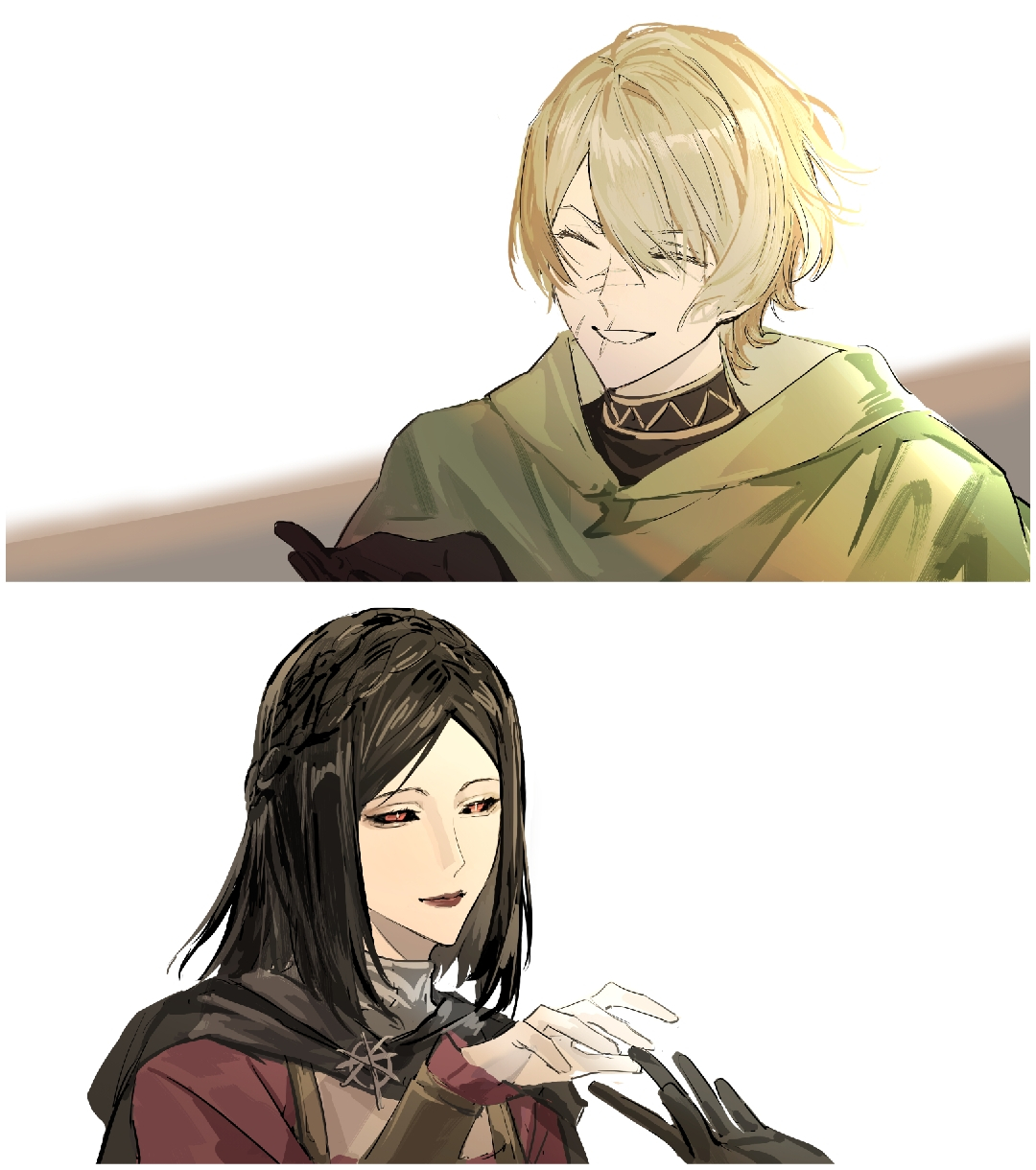 ekku (gdwu3454), serana, the elder scrolls, the elder scrolls v: skyrim, highres, 1boy, 1girl, black cape, black hair, black sclera, blonde hair, cape, colored sclera, grin, red eyes, short hair, smile