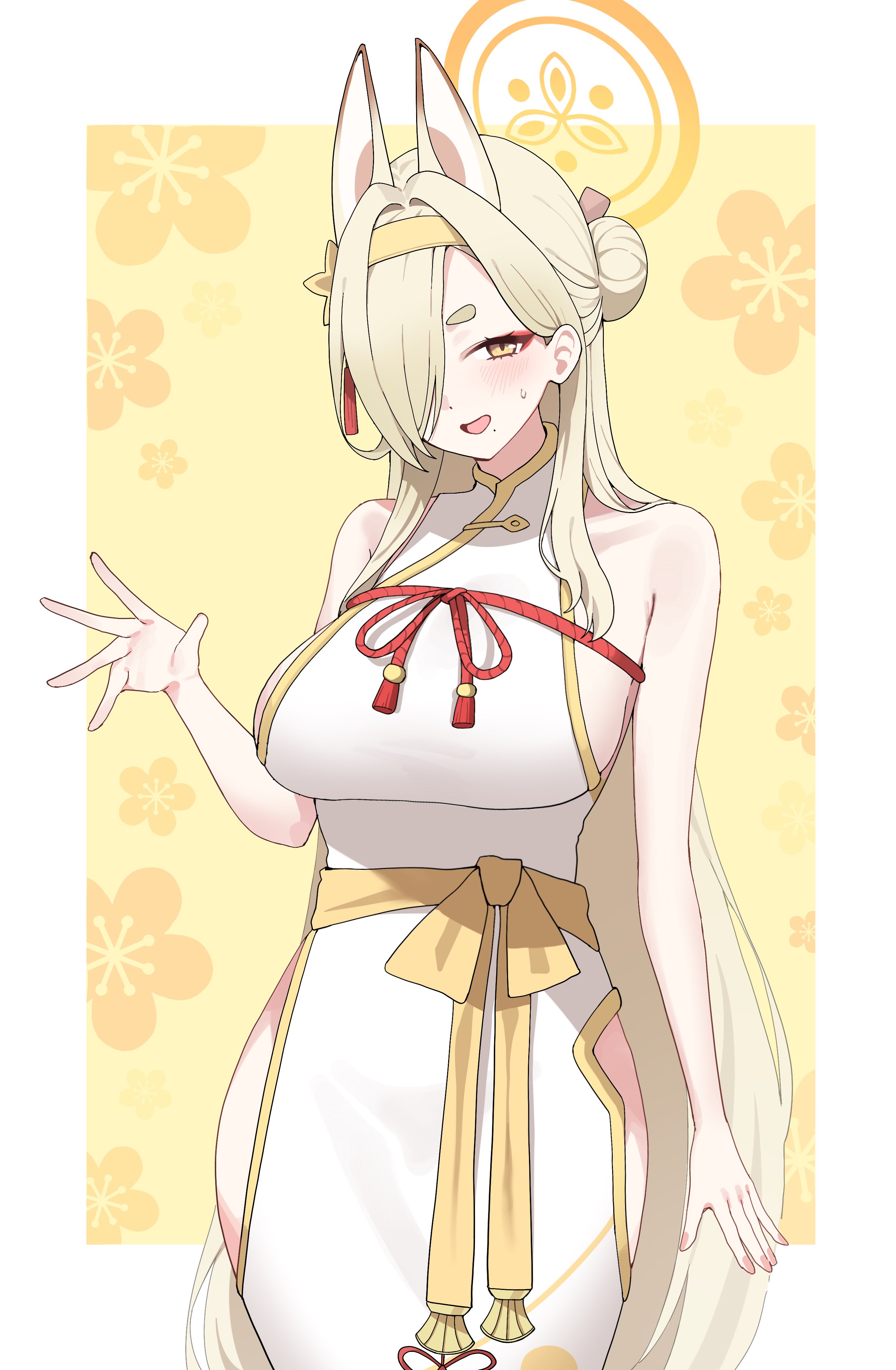 mam a103, kaho (blue archive), blue archive, absurdres, highres, 1girl, alternate costume, alternate hairstyle, animal ears, blonde hair, breasts, china dress, chinese clothes, dress, extra ears, eyeshadow, fox ears, hair bun, hair over one eye, hairband, halo, long hair, looking at viewer, makeup, mole, mole under mouth, nervous smile, open hand, orange hairband, orange halo, pink eyeshadow, short eyebrows, sideboob, sleeveless, smile, solo, sweat, thick eyebrows, white dress, yellow halo