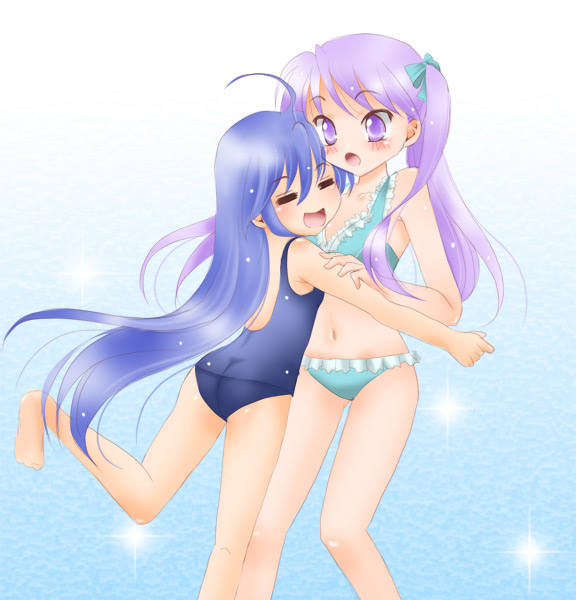 sinko (sinsin), hiiragi kagami, izumi konata, lucky star, 00s, 2girls, ass, bikini, multiple girls, one-piece swimsuit, school swimsuit, swimsuit, tsurime