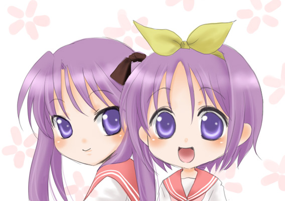 sinko (sinsin), hiiragi kagami, hiiragi tsukasa, lucky star, tagme, 00s, 2girls, blue eyes, blush, hair ribbon, hairband, long hair, looking at viewer, multiple girls, open mouth, purple hair, ribbon, school uniform, short hair, siblings, sisters, smile, tongue, twins, twintails, upper body