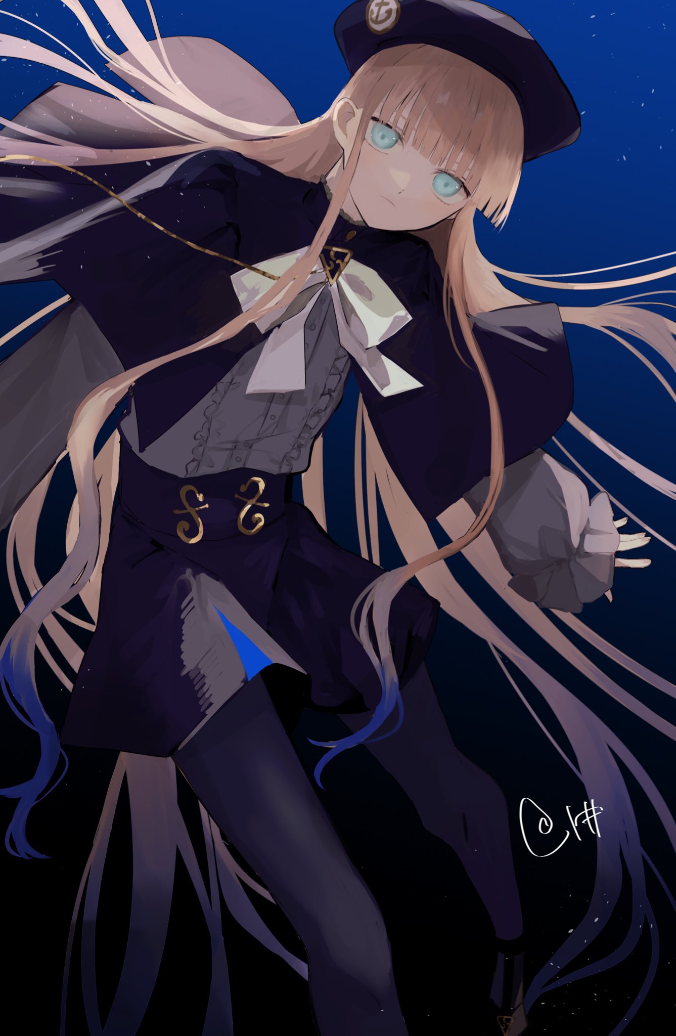 urtk07, fate/grand order, fate (series), highres, 1boy, aiguillette, beret, black background, black capelet, black hat, black shorts, blonde hair, blue background, blue hair, bow, capelet, frilled shirt, frills, gradient background, gradient hair, green eyes, grey shirt, hat, high-waist shorts, long hair, long sleeves, looking at viewer, male focus, multicolored hair, noah (second ascension) (fate/grand order), pantyhose, puffy sleeves, shirt, shorts, solo, underwater, very long hair, white bow