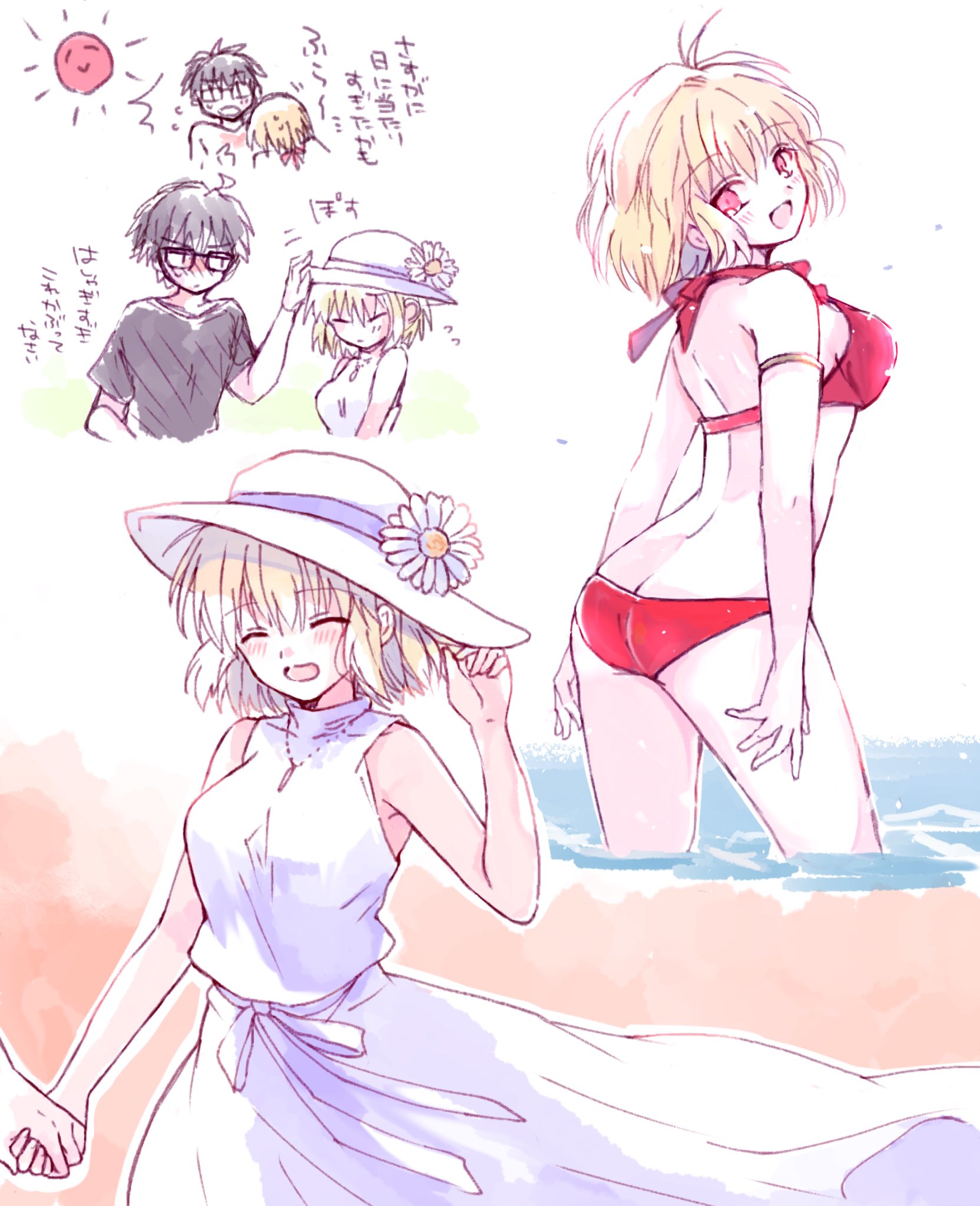 muko (4moiut), arcueid brunestud, tohno shiki, tsukihime, tsukihime (remake), highres, translation request, 1boy, 1girl, :d, ahoge, arched back, armband, ass, beach, bikini, black hair, black shirt, blush, breasts, butt crack, closed eyes, couple, dress, floating clothes, floating hair, flower in hat, glasses, happy, hat, holding hands, huge breasts, jewelry, looking at viewer, looking back, necklace, ocean, open mouth, red bikini, shirt, sideboob, smile, sun hat, sundress, sweat, swimsuit, wavy hair, white dress, wide hips