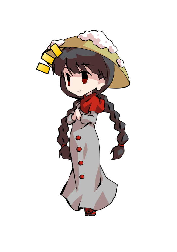 dairi, yatadera narumi, hidden star in four seasons, touhou, braided twintails, 1girl, ajirogasa, black hair, blunt bangs, braid, capelet, closed mouth, dress, full body, grey dress, hands up, hat, long dress, long earlobes, long hair, long sleeves, looking ahead, low twintails, notice lines, own hands together, red capelet, red eyes, red socks, sandals, simple background, smile, snow on headwear, socks, solo, standing, swept bangs, tachi-e, transparent background, twintails