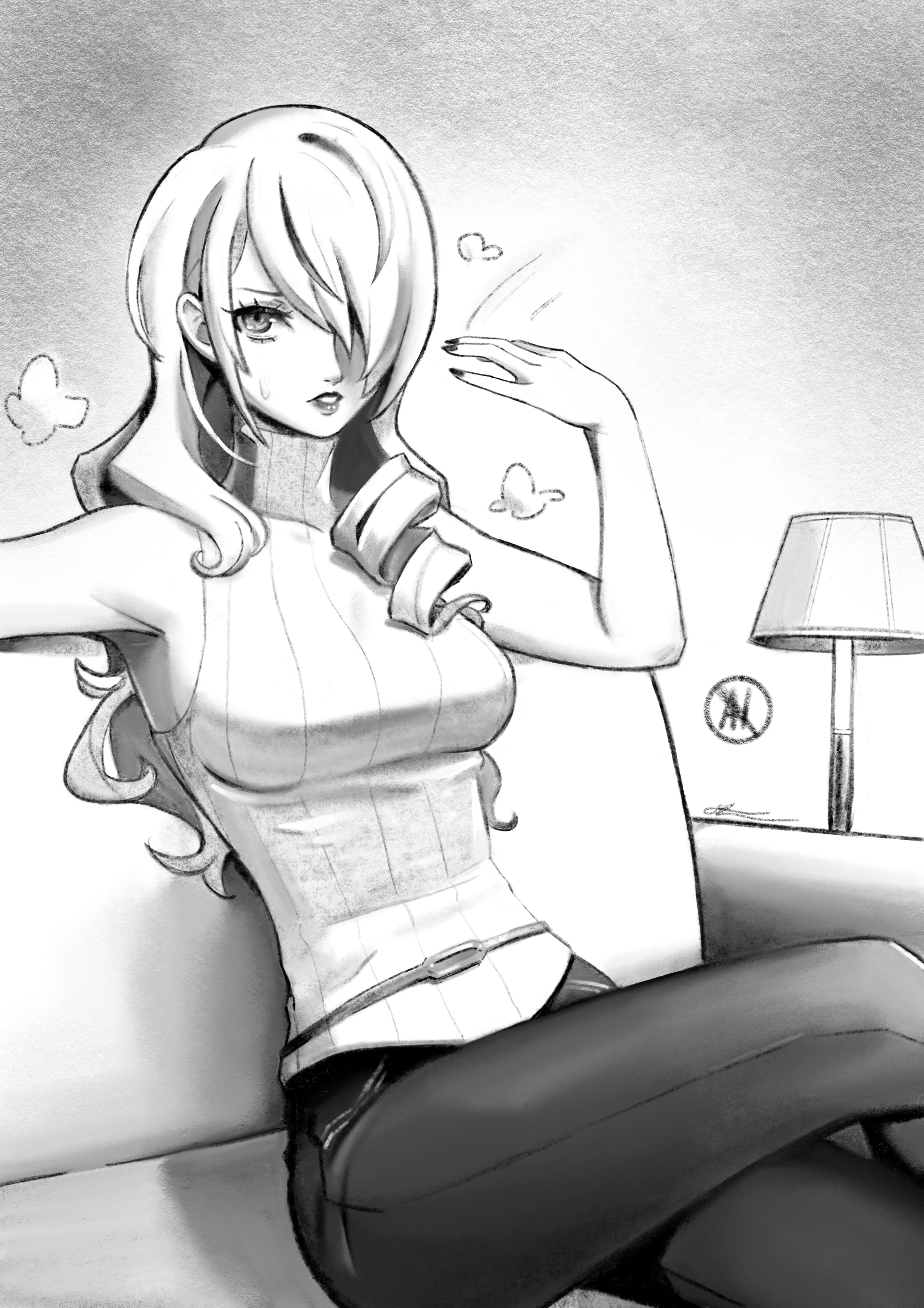 eightyfourart, kirijou mitsuru, persona, persona 3, absurdres, commentary, english commentary, highres, 1girl, breasts, couch, eyelashes, greyscale, hair over one eye, hot, lamp, long hair, looking at viewer, medium breasts, monochrome, on couch, pants, parted lips, sitting, sleeveless, sleeveless sweater, solo, sweatdrop, sweater, turtleneck, turtleneck sweater, wavy hair