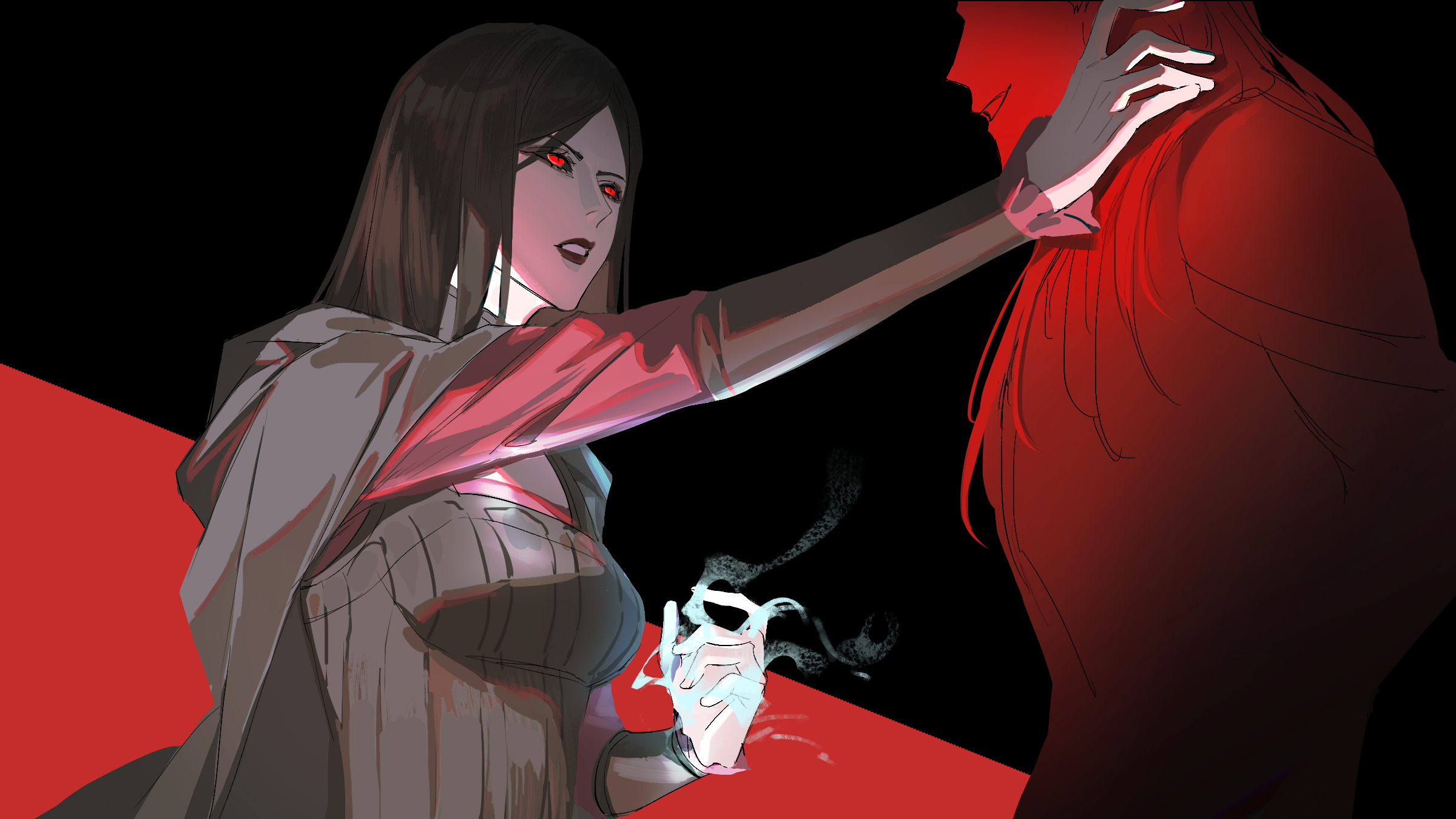 ekku (gdwu3454), serana, the elder scrolls, the elder scrolls v: skyrim, highres, 1boy, 1girl, black cape, black hair, breasts, cape, large breasts, red eyes, red shirt, shirt
