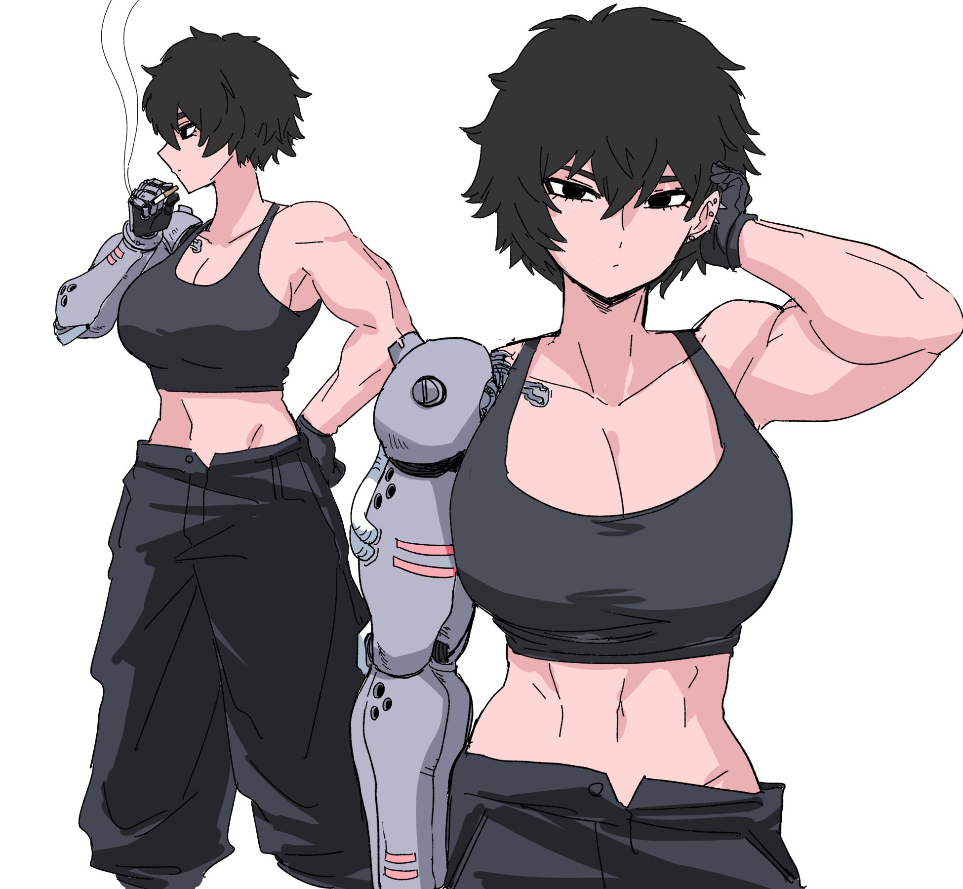 nasu (ilo a5), original, highres, 1girl, abs, adjusting hair, bare shoulders, biceps, black eyes, black gloves, black hair, black pants, black shirt, black tank top, breasts, cigarette, crop top, cropped shirt, ear piercing, from side, gloves, hand on own head, hand on own hip, holding, holding cigarette, large breasts, looking at viewer, mechanical arms, midriff, multiple girls, muscular, muscular female, navel, pants, piercing, shirt, short hair, single mechanical arm, sleeveless, smoke, solo, tank top