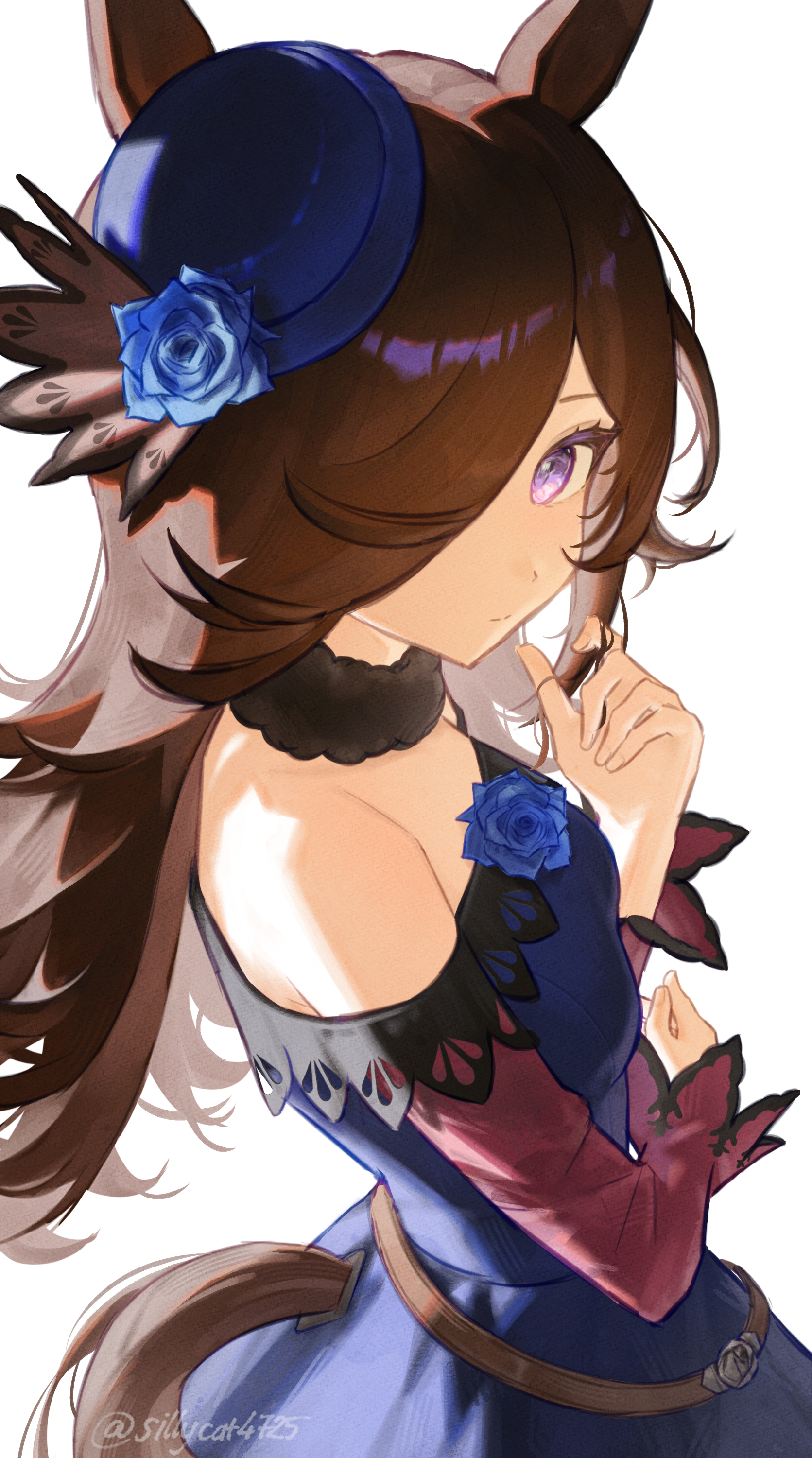 sillycat4725, rice shower (rosy dreams) (umamusume), rice shower (umamusume), umamusume, absurdres, commentary, highres, 1girl, animal ears, bare shoulders, blue dress, blue flower, blue hat, blue rose, brown hair, closed mouth, dress, flower, hair over one eye, hat, horse ears, horse girl, long hair, looking at viewer, purple eyes, red sleeves, rose, solo, tilted headwear, twitter username