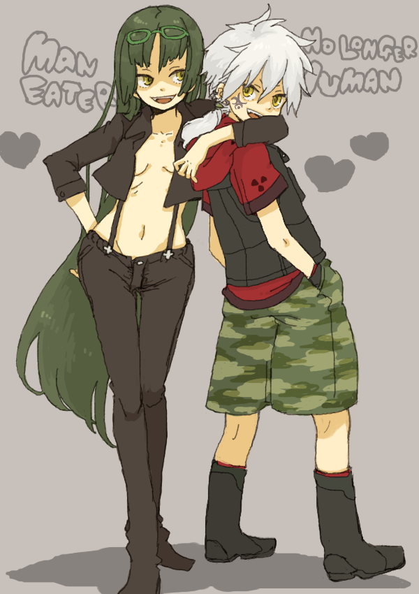 yukke, niounomiya izumu, zerozaki hitoshiki, zaregoto series, 1boy, 1girl, denim, glasses, green hair, hetero, hug, jeans, long hair, lowleg, lowleg pants, no bra, open clothes, open shirt, pants, shirt, suspenders, white hair, yellow eyes