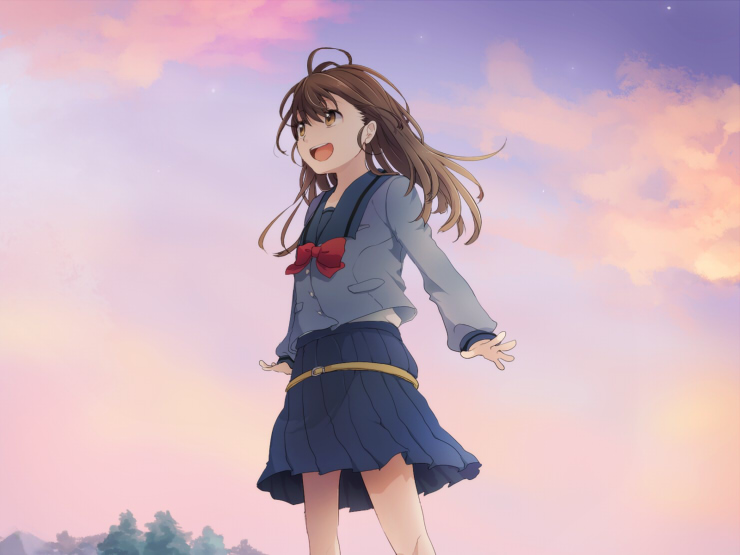 takana (nanao), senomiya akiho, robotics;notes, science adventure, 1girl, :d, ahoge, blazer, blue sailor collar, blush, brown eyes, brown hair, chuo tanegashima high school uniform, cloud, cowboy shot, hair down, jacket, long hair, long sleeves, open mouth, outdoors, pleated skirt, sailor collar, school uniform, skirt, sky, smile, solo, standing, sunset, twilight, winter uniform