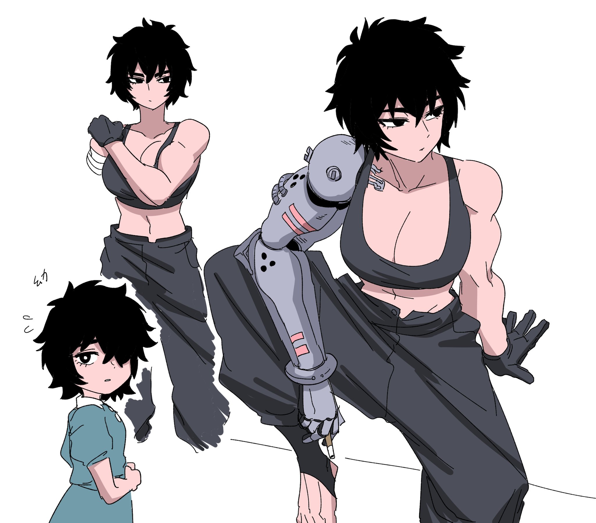nasu (ilo a5), original, highres, 2girls, abs, age difference, age progression, amputee, arm on knee, bare shoulders, biceps, black eyes, black gloves, black hair, black pants, black shirt, black tank top, blue shirt, breasts, cigarette, crop top, cropped shirt, from side, gloves, hand on own shoulder, holding, holding cigarette, kindergarten uniform, large breasts, looking at viewer, mechanical arms, midriff, missing limb, multiple girls, muscular, muscular female, navel, pants, shirt, short hair, single mechanical arm, sitting, sleeveless, solo, tank top