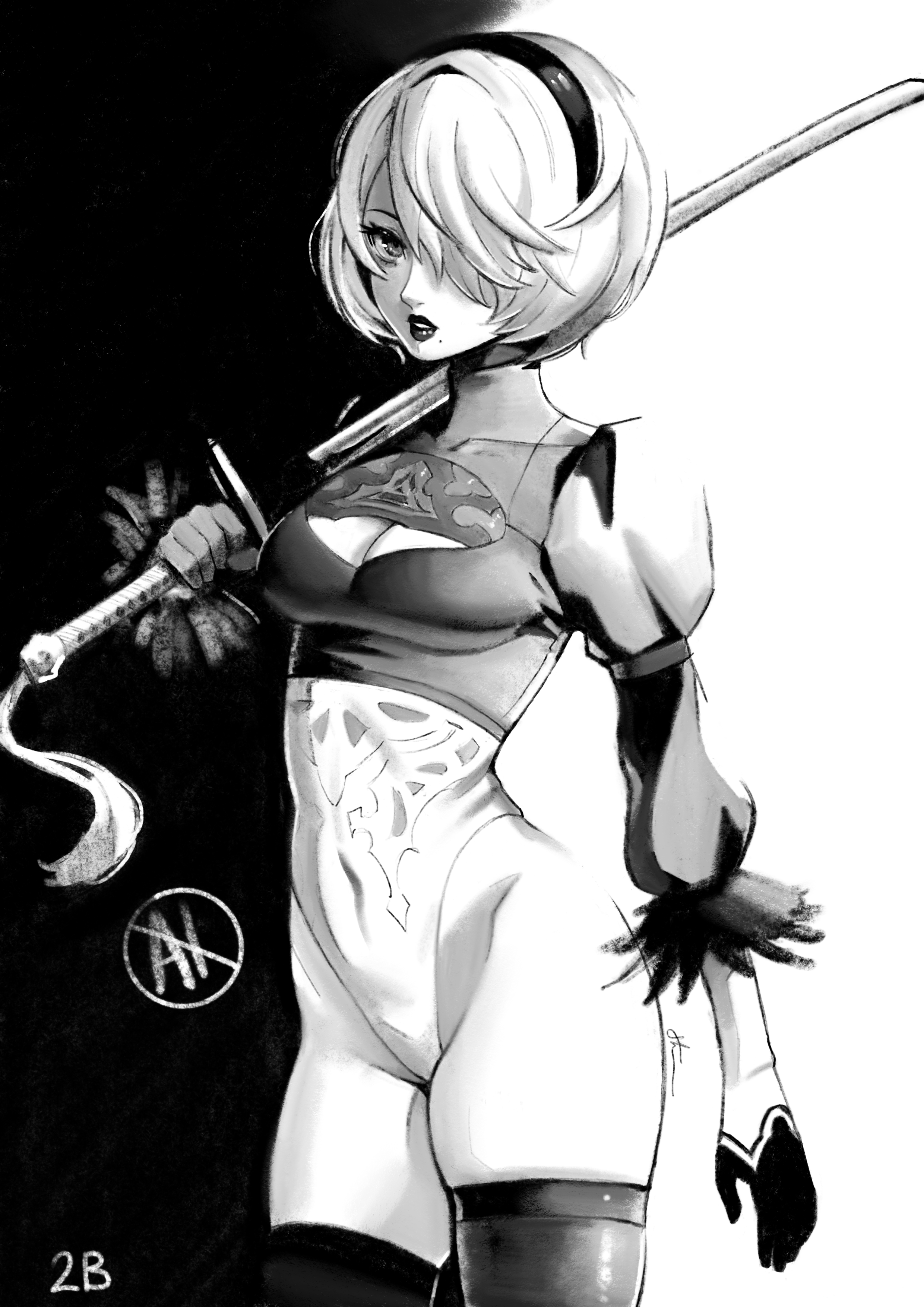 eightyfourart, 2b (nier:automata), nier:automata, nier (series), absurdres, commentary, highres, 1girl, breasts, character name, cleavage, cleavage cutout, clothing cutout, covered navel, eyelashes, greyscale, hair over one eye, hairband, highleg, highleg leotard, holding, holding sword, holding weapon, leotard, looking at viewer, medium breasts, mole, mole under mouth, monochrome, puffy sleeves, short hair, solo, standing, sword, sword tassel, tassel, weapon