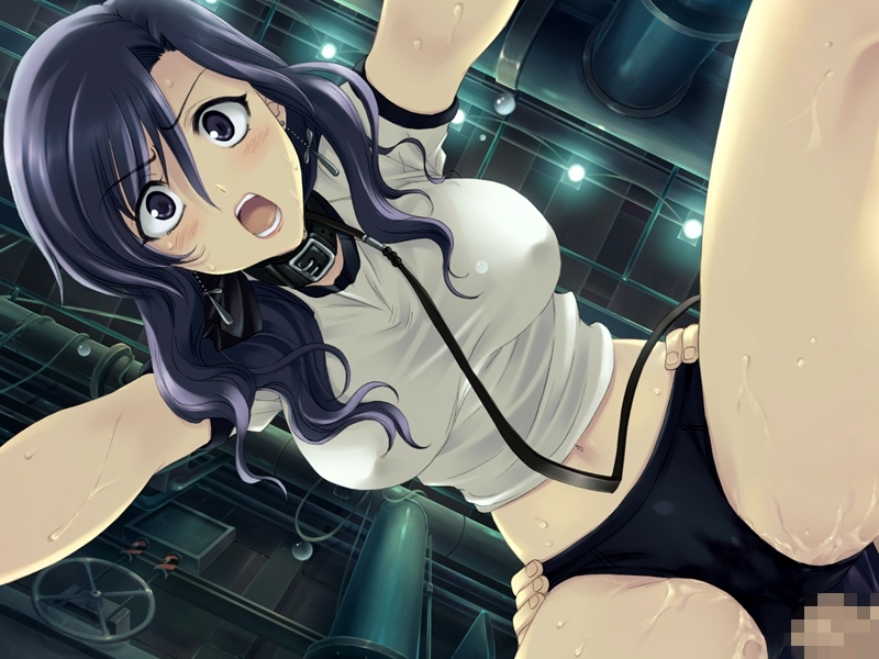 ohara tometa, sakura koharu, orihara shino, kusari, game cg, 1girl, all fours, anal, bdsm, bent over, blush, bondage, bound, breasts, buruma, censored, collar, covered erect nipples, doggystyle, factory, from below, gym uniform, large breasts, leash, looking at viewer, looking down, looking up, midriff, mosaic censoring, navel, open mouth, penis, pov, purple eyes, purple hair, pussy, pussy juice, rape, sex, sex from behind, solo, sweat, torso grab, vaginal