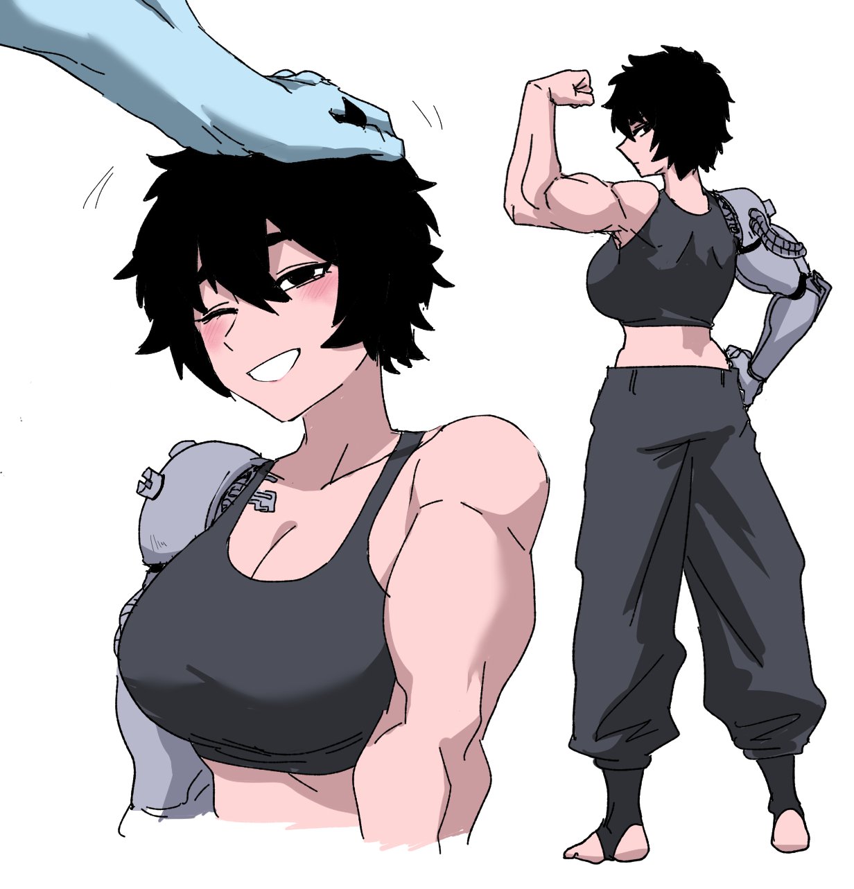 nasu (ilo a5), original, highres, 1boy, 1girl, bare shoulders, biceps, black gloves, black hair, black pants, black tank top, blush, breasts, clenched teeth, crop top, cropped shirt, feet, full body, gloves, hand on another's head, hand on own hip, large breasts, looking at another, looking at viewer, mechanical arms, midriff, muscular, muscular female, navel, pants, petting, shirt, short hair, single mechanical arm, sleeveless, smile, tank top, teeth, toeless legwear, upper body