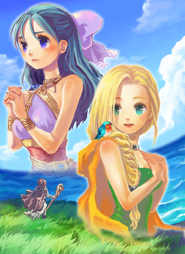 gin (oyoyo), bianca (dq5), flora (dq5), hero (dq5), dragon quest, dragon quest v, 1boy, 2girls, animal, animal on shoulder, bird, bird on shoulder, blonde hair, blue hair, blush, bow, braid, cape, dress, green eyes, hair over shoulder, half updo, multiple girls, pink bow, purple eyes, ribbon, single braid