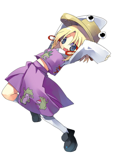 hanepochi, moriya suwako, touhou, lowres, 1girl, blonde hair, blue eyes, female focus, full body, happy, hat, short hair, simple background, skirt, solo, white background