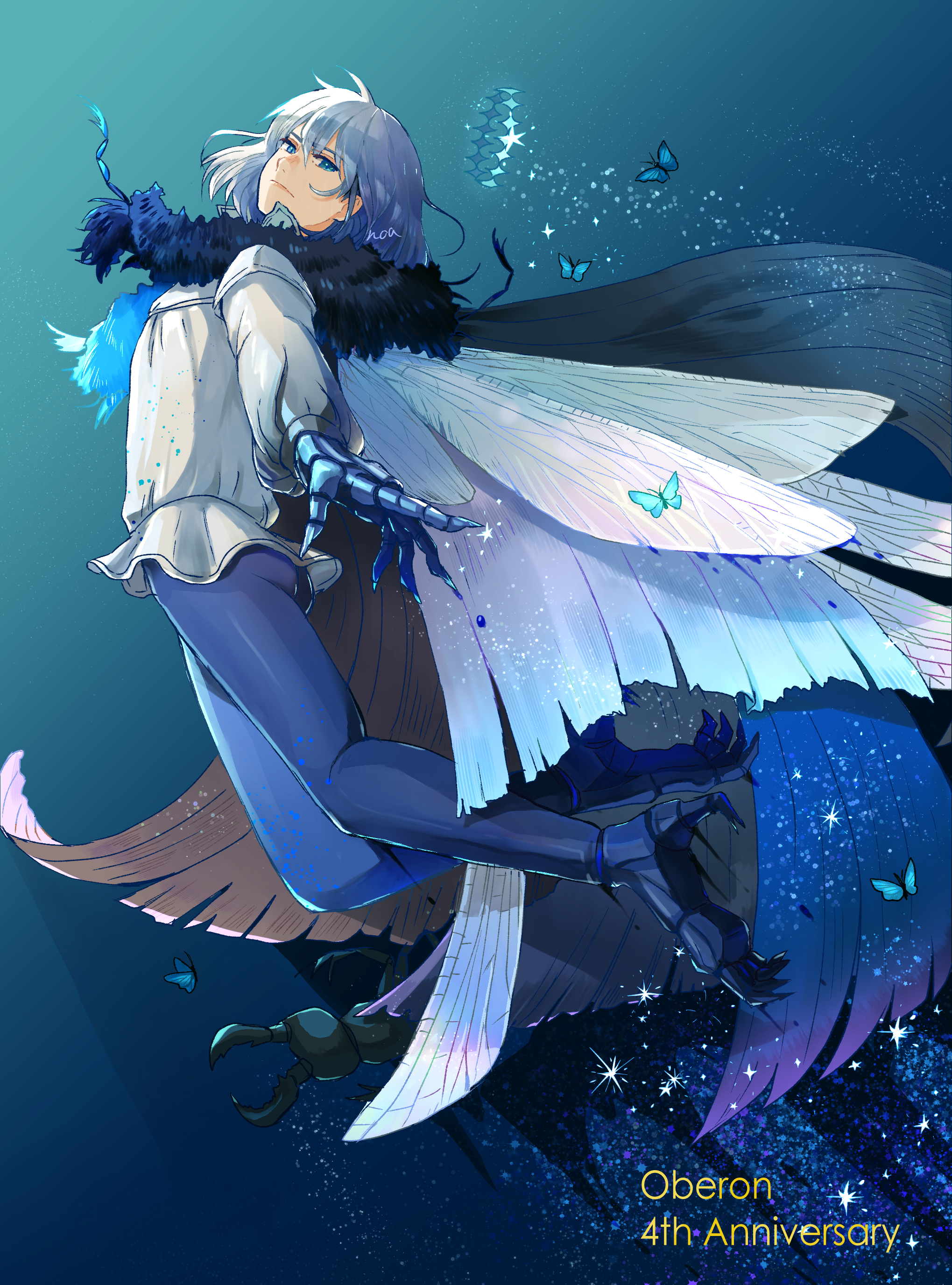 noa (hakobune), oberon (fate), oberon (third ascension) (fate), fate/grand order, fate (series), absurdres, highres, 1boy, anniversary, arthropod boy, arthropod limbs, ass, blue background, blue butterfly, blue eyes, bug, butterfly, cape, crown, dragonfly wings, full body, fur-trimmed cape, fur trim, gradient background, grey hair, insect, insect wings, long sleeves, looking at viewer, male focus, medium hair, shirt, solo, underwater, unworn crown, white shirt, wing cape, wings