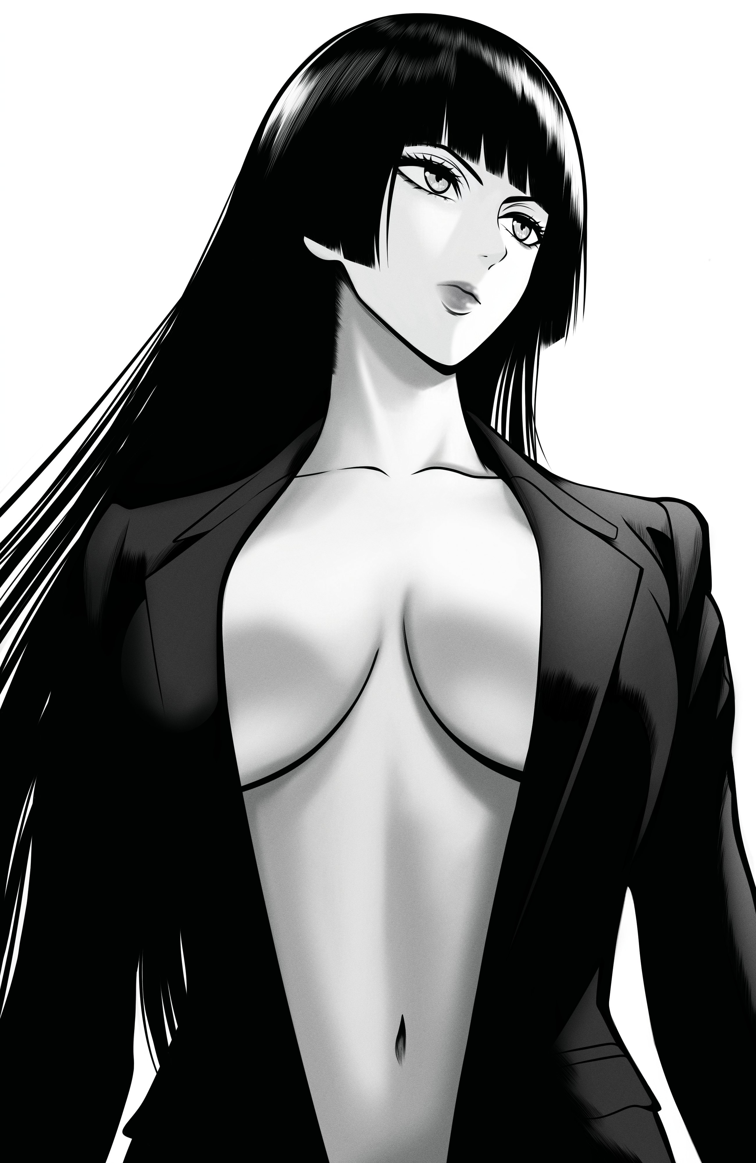 mostlybluewyatt, original, absurdres, commentary, english commentary, highres, 1girl, black suit, blunt bangs, breasts, closed mouth, collarbone, eyelashes, formal clothes, greyscale, hime cut, jacket, large breasts, long hair, monochrome, navel, open clothes, open jacket, simple background, solo, standing, suit, upper body, very long hair, white background