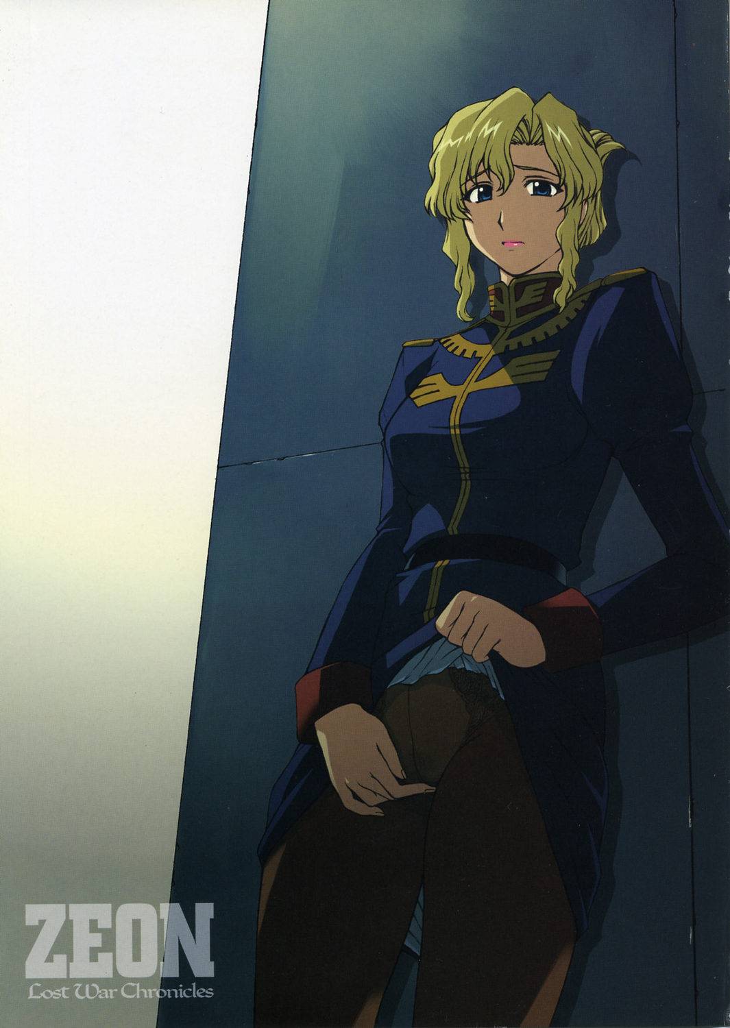 jane conty, gundam, gundam 08th ms team, gundam lost war chronicles, highres, 1girl, blonde hair, blue eyes, clothed masturbation, clothes lift, crotch seam, female focus, female masturbation, fingering, lipstick, makeup, masturbation, masturbation through clothes, military, military uniform, panties, panties under pantyhose, pantyhose, rubbing, skirt, skirt lift, solo, underwear, upskirt, zeon