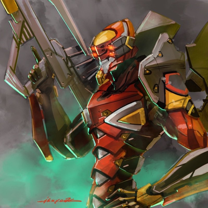 ikuyoan, eva 02, neon genesis evangelion, armor, assault rifle, evangelion (mecha), extra eyes, glowing, glowing eyes, green background, grey background, gun, hand on own hip, holding, holding weapon, huge weapon, mecha, mecha focus, no humans, orange eyes, red armor, rifle, robot, signature, smoke, super robot, twitter username, two-tone background, upper body, weapon