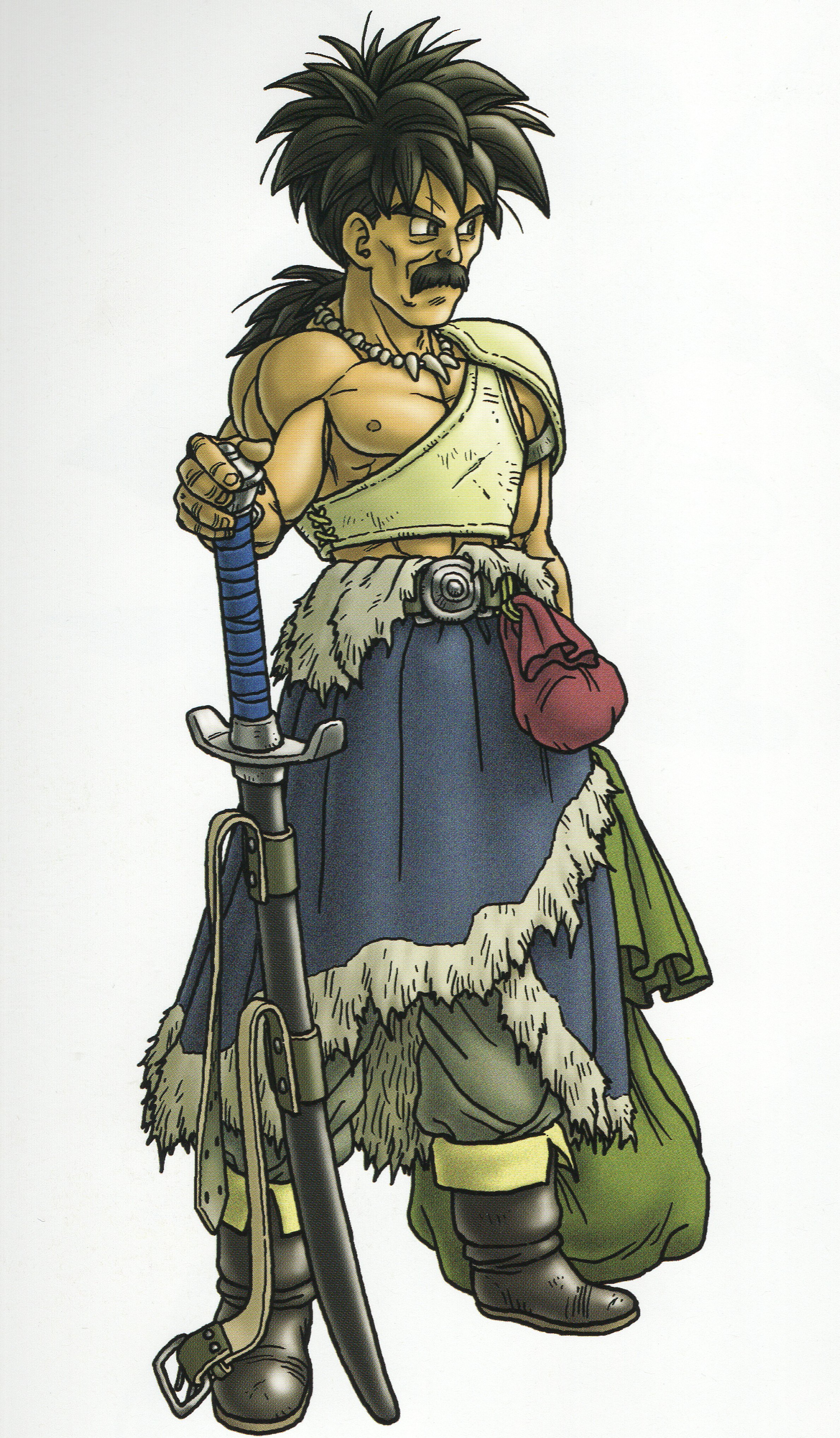 toriyama akira, papas, dragon quest, dragon quest v, absurdres, highres, official art, scan, third-party source, 1boy, armlet, armor, belt buckle, black boots, black eyes, black facial hair, blue shawl, boots, breastplate, brown pants, buckle, cheekbones, facial hair, full body, jewelry, looking to the side, low ponytail, male focus, mature male, muscular, muscular male, mustache, necklace, nipples, pants, pauldrons, planted, planted sword, planted weapon, ponytail, shawl, sheath, sheathed, shoulder armor, silver armlet, single pauldron, solo, spiked hair, sword, tooth necklace, weapon