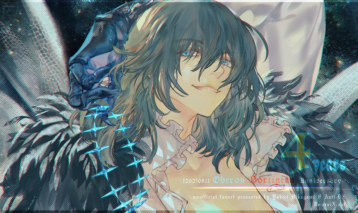 hikagami yukiri, oberon (fate), oberon (third ascension) (fate), fate/grand order, fate (series), 1boy, anniversary, arthropod boy, arthropod limbs, blue eyes, crown, dated, dragonfly wings, english text, fur trim, grey hair, holding, holding crown, insect wings, long sleeves, looking at viewer, male focus, medium hair, shirt, smile, solo, upper body, white shirt, wings