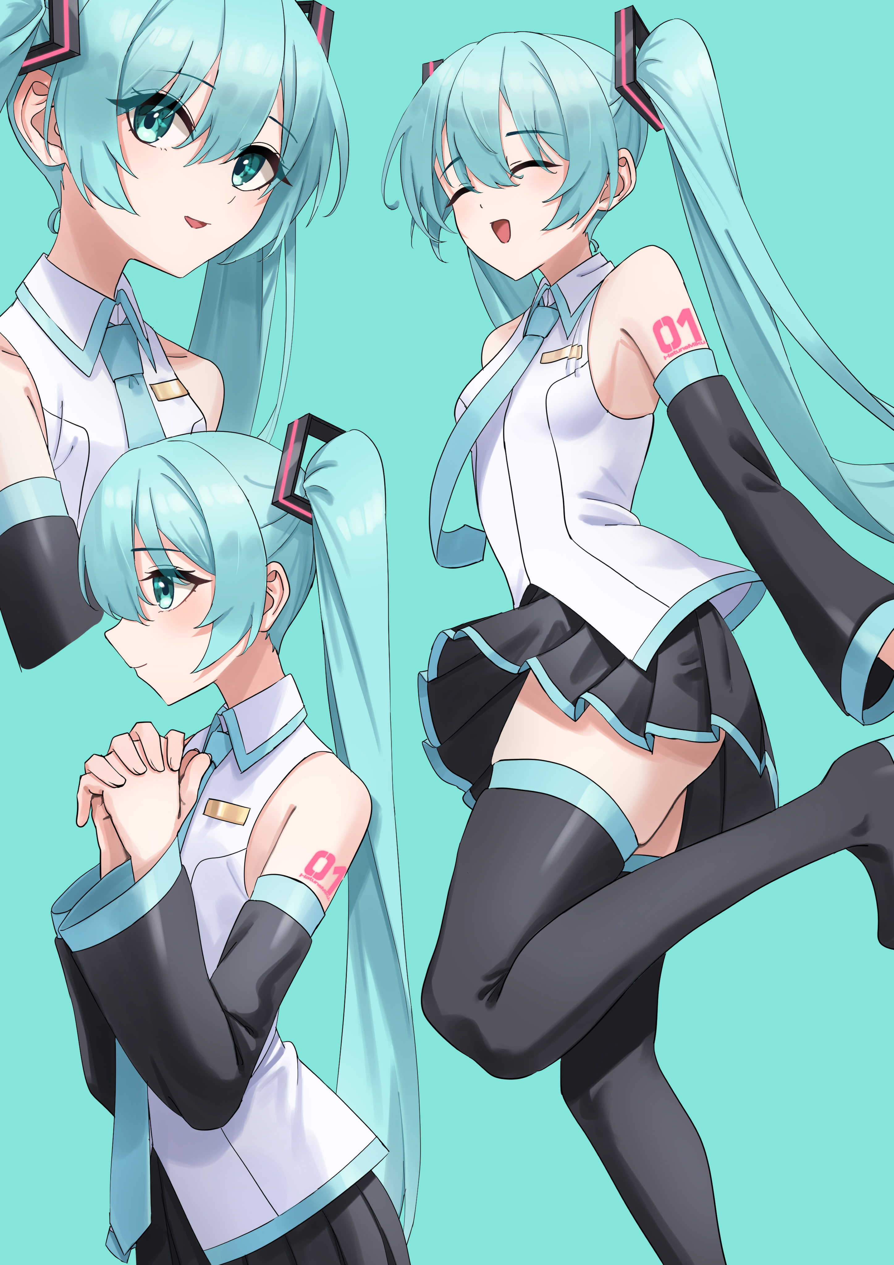 amaama (beccyonaika1), hatsune miku, vocaloid, absurdres, highres, 1girl, aqua eyes, aqua hair, aqua necktie, aqua trim, arm tattoo, black skirt, blush, boots, breasts, closed eyes, closed mouth, collarbone, collared shirt, detached sleeves, hair between eyes, hair ornament, long hair, long sleeves, medium breasts, necktie, number tattoo, open mouth, pleated skirt, shirt, sideboob, skirt, sleeveless, sleeveless shirt, smile, tattoo, thigh boots, twintails, very long hair, white shirt, wide sleeves