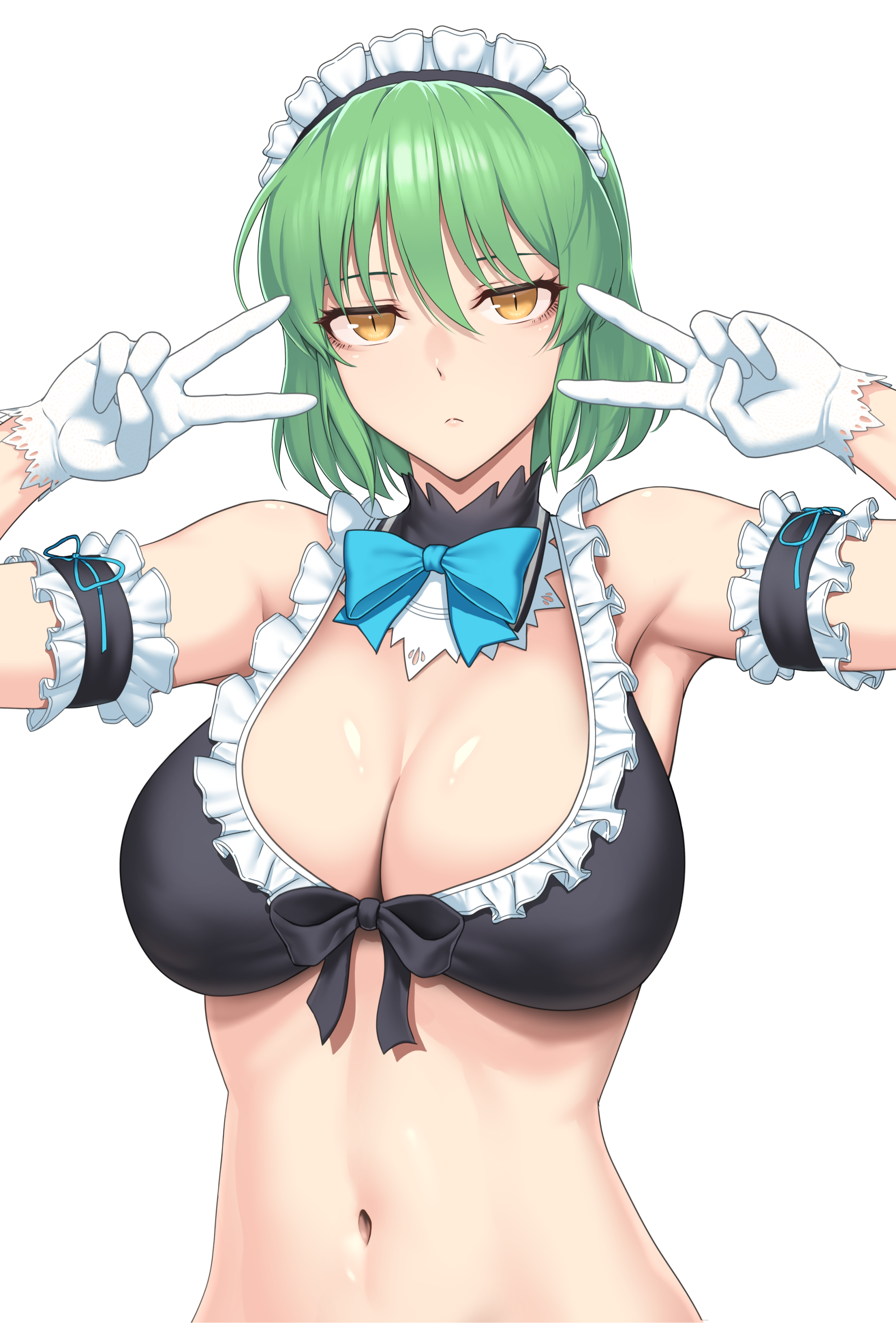 zib (boriku), hikage (senran kagura), senran kagura, absurdres, commentary request, highres, 1girl, arm strap, armpits, bikini, black bikini, blue bow, blue bowtie, bow, bowtie, breasts, cleavage, closed mouth, detached collar, double v, frilled arm strap, frilled bikini, frills, gloves, green hair, hair between eyes, hands up, large breasts, looking at viewer, maid, maid bikini, maid headdress, navel, simple background, slit pupils, solo, stomach, swimsuit, unconventional maid, upper body, v, v over eye, white background, white gloves, yellow eyes