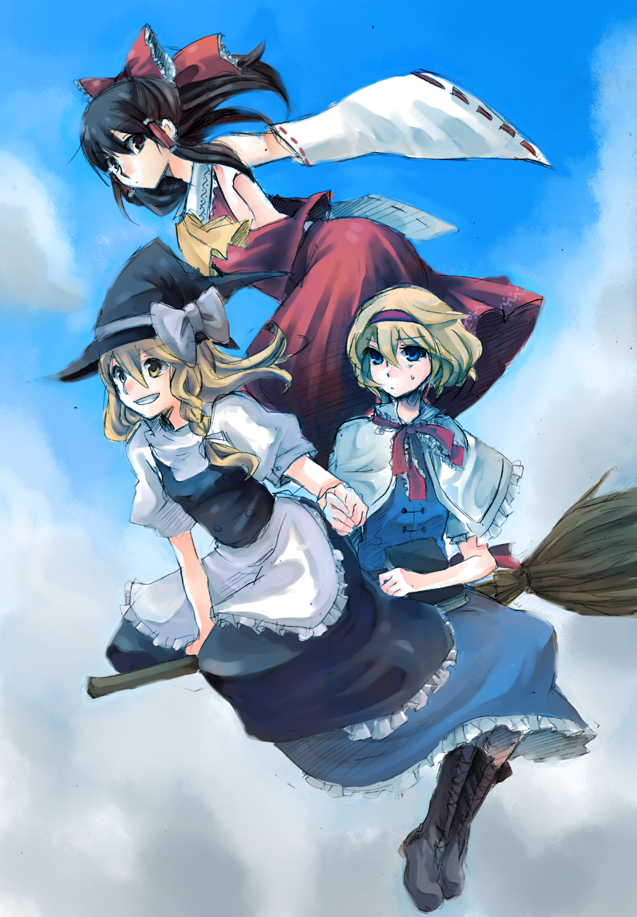abaraya, mizutsuki, alice margatroid, hakurei reimu, kirisame marisa, touhou, highres, 3girls, apron, armpits, black hair, blonde hair, blue eyes, boots, bow, broom, broom riding, capelet, cloud, day, detached sleeves, female focus, flying, grin, hair bow, hair ribbon, hairband, hat, holding hands, japanese clothes, knee boots, lace-up boots, miko, multiple girls, multiple riders, ribbon, sidesaddle, sky, sleeves past wrists, smile, sweatdrop, waist apron, witch, witch hat, yellow eyes
