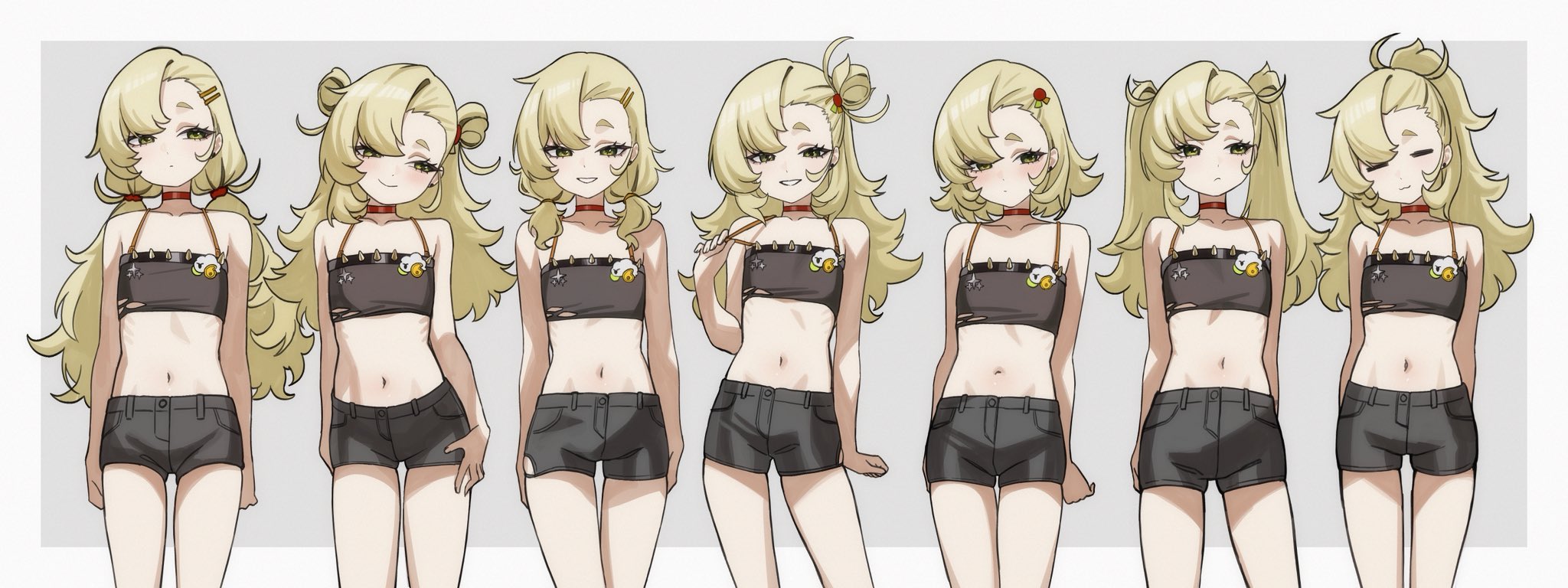 senapops, piper wheel, zenless zone zero, commentary, english commentary, highres, 1girl, alternate hair length, alternate hairstyle, black shorts, blonde hair, border, double bun, flat chest, green eyes, grey background, grey border, hair bun, looking at viewer, looking to the side, low twintails, midriff, multiple views, navel, ponytail, short hair, short twintails, shorts, smile, standing, twintails, two side up