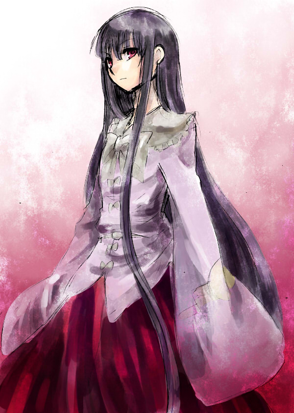 abaraya, mizutsuki, houraisan kaguya, touhou, 1girl, black hair, female focus, gradient background, long hair, red eyes, solo, standing, white background