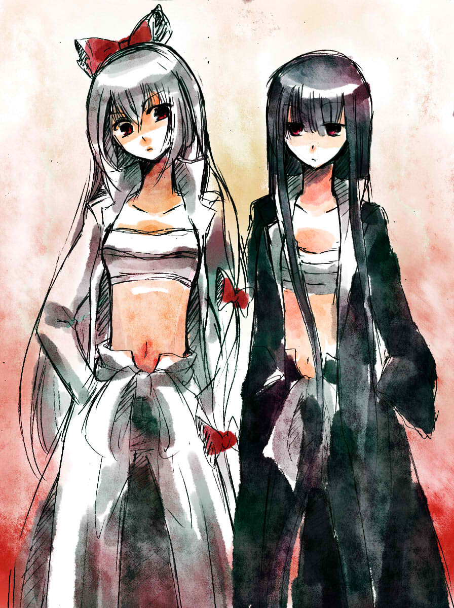 abaraya, mizutsuki, fujiwara no mokou, houraisan kaguya, touhou, silver hair, highres, 2girls, banchou, black hair, blunt bangs, bow, coat, delinquent, female focus, gakuran, hand in pocket, hime cut, long hair, midriff, multiple girls, navel, open clothes, open shirt, sarashi, school uniform, shirt, tokkoufuku, very long hair