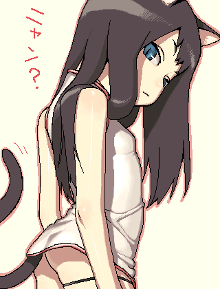 hijiri rei, original, lowres, animal ears, ass, blue eyes, brown hair, cat ears, cat girl, cat tail, flat chest, from side, looking back, oekaki, simple background, slit pupils, solo, tail, thigh strap, white background